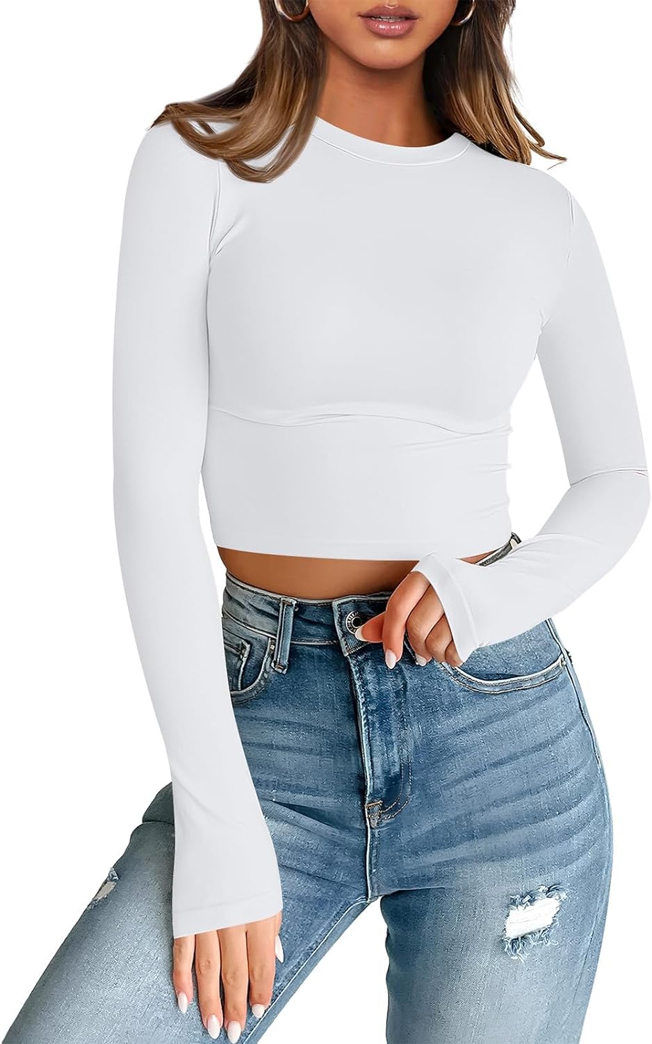 Trendy Queen Womens Long Sleeve Crop Tops Basic Slim Fitted Shirts Casual Fashio...