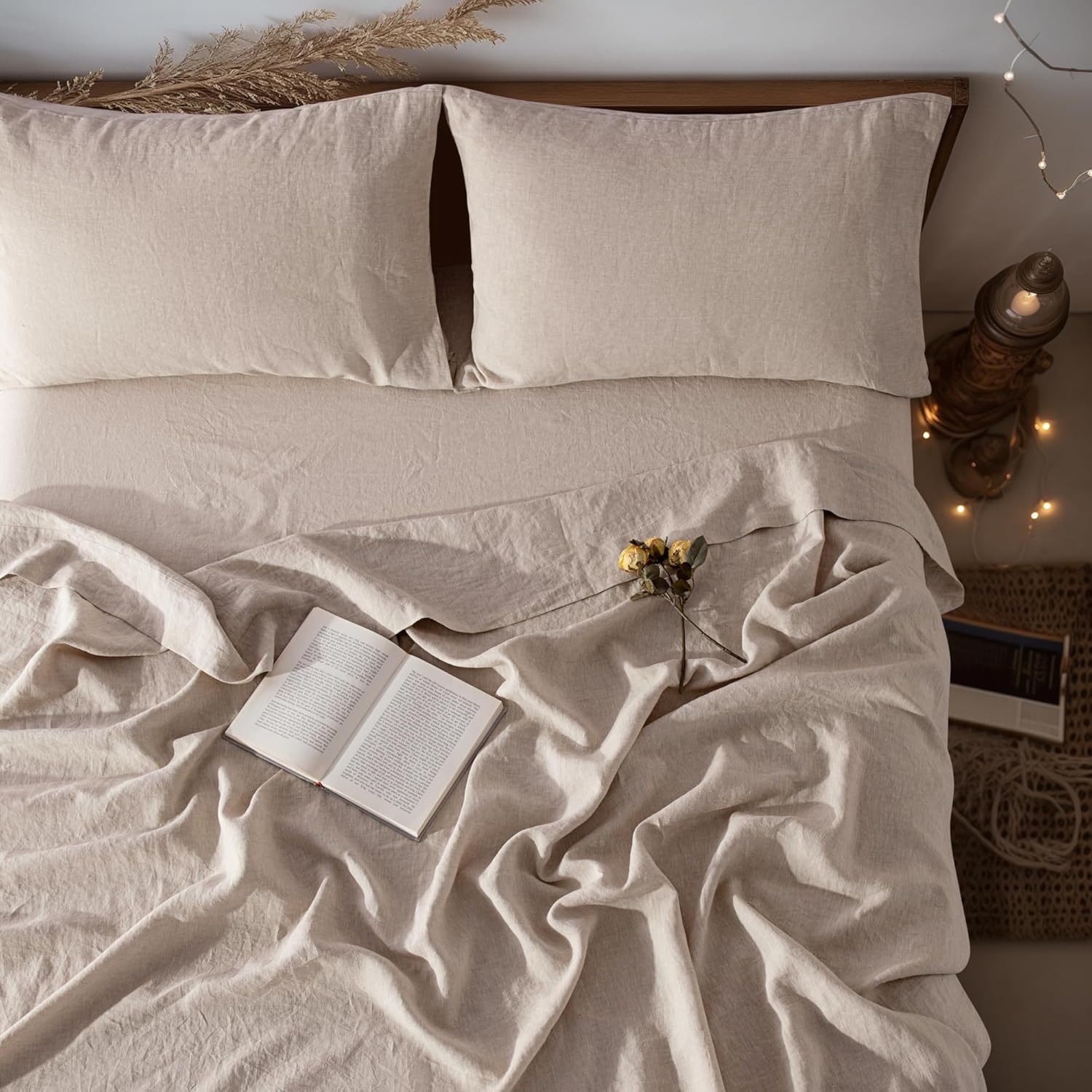 LBR02M 100% Linen Sheet Set Queen Size, Bed Sheets 4 Piece Sets, Solid Color Nat...
