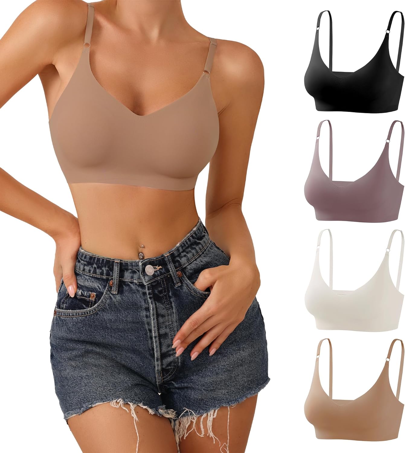 DEANGELMON V Neck Bra Padded Seamless Adjustable Straps Bralettes Everyday Basic...