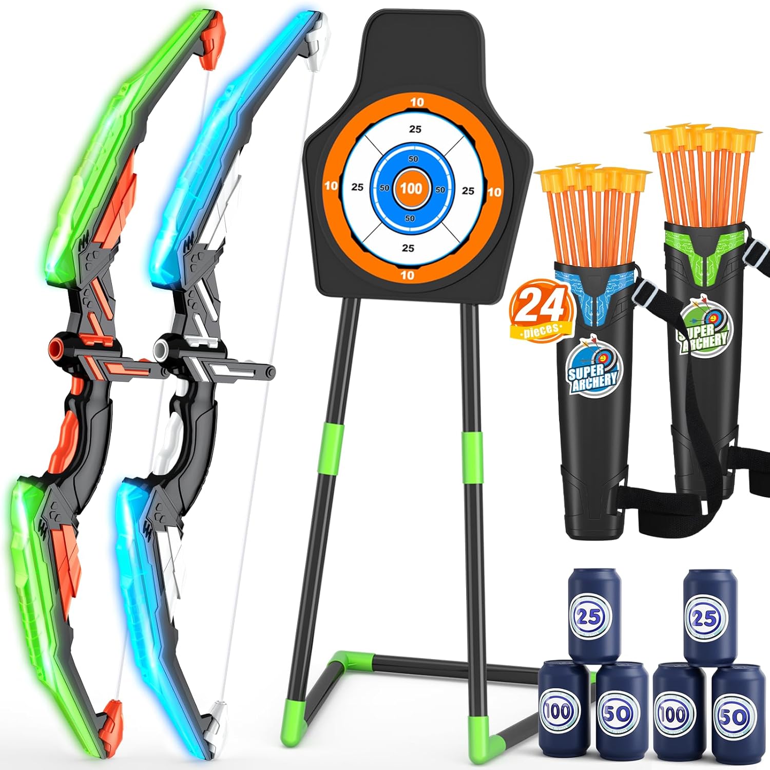 2 Pack Bow and Arrow for Kids, LED Light Up Archery Set with 24 Suction Cup Arro...