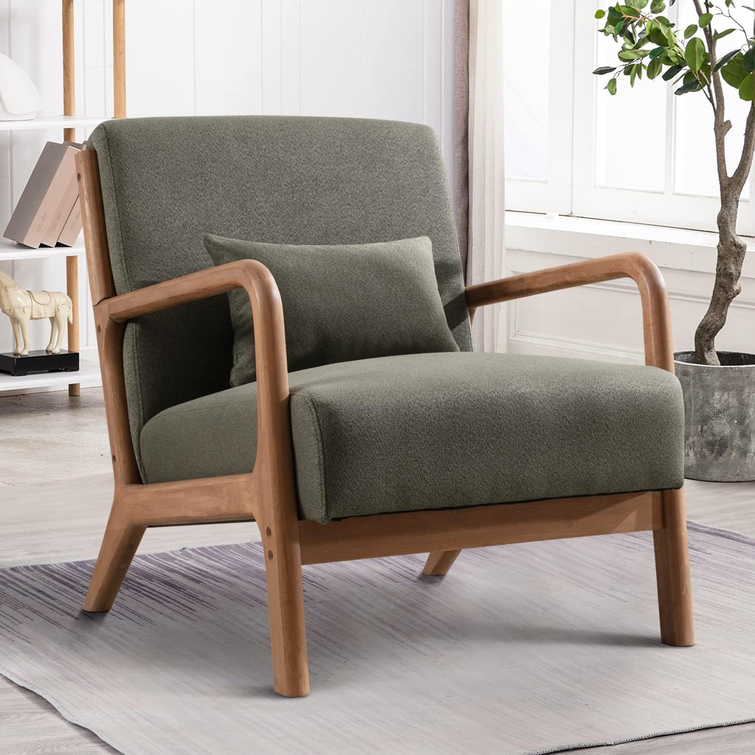 INZOY Mid Century Modern Accent Chair with Wood Frame, Upholstered Living Room C...