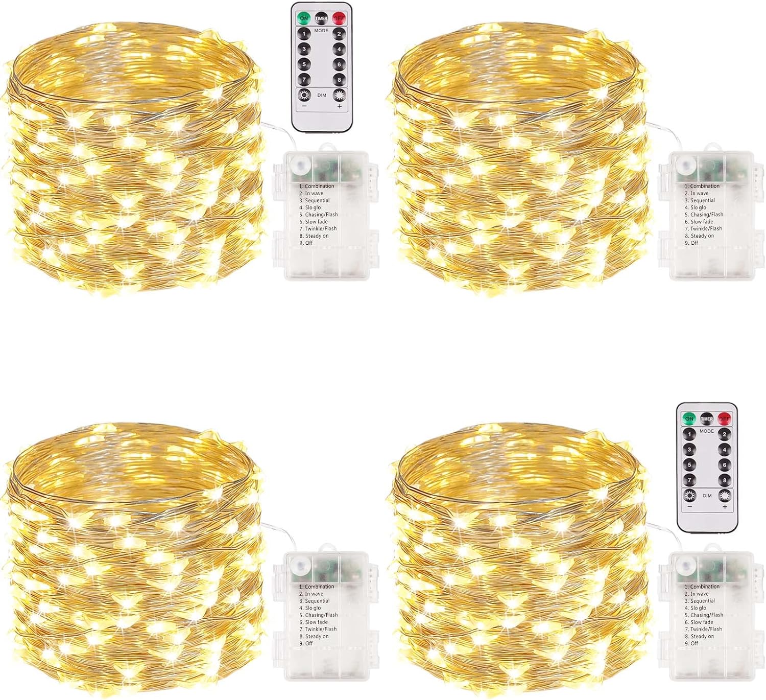 4-Pack 33FT 100 LED Fairy Lights Battery Operated with Remote & Timer, Waterproo...