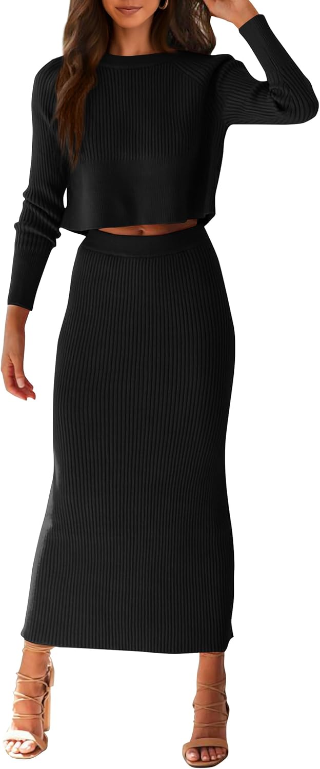 PRETTYGARDEN Women's Fall 2 Piece Sweater Set Rib Knit Long Sleeve Crop Top Maxi...