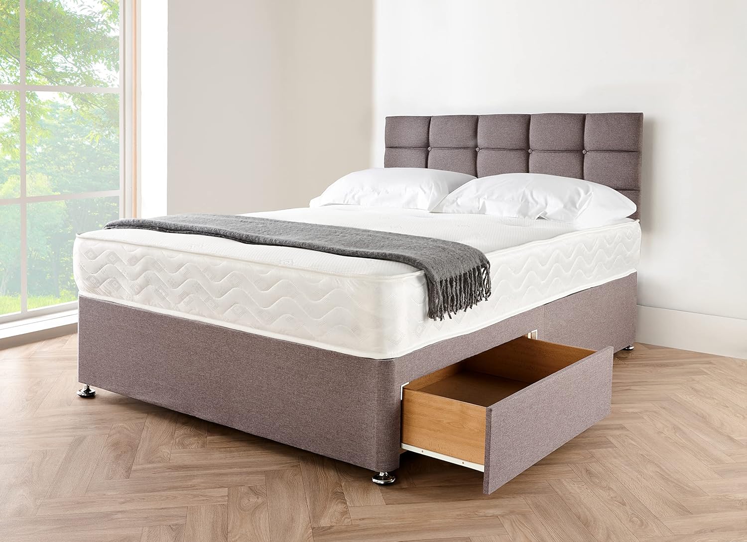 Grey Linen Look Divan Bed With 2 drawers-Mattress-Headboard-3ft,4ft,4ft6,5ft,6ft...