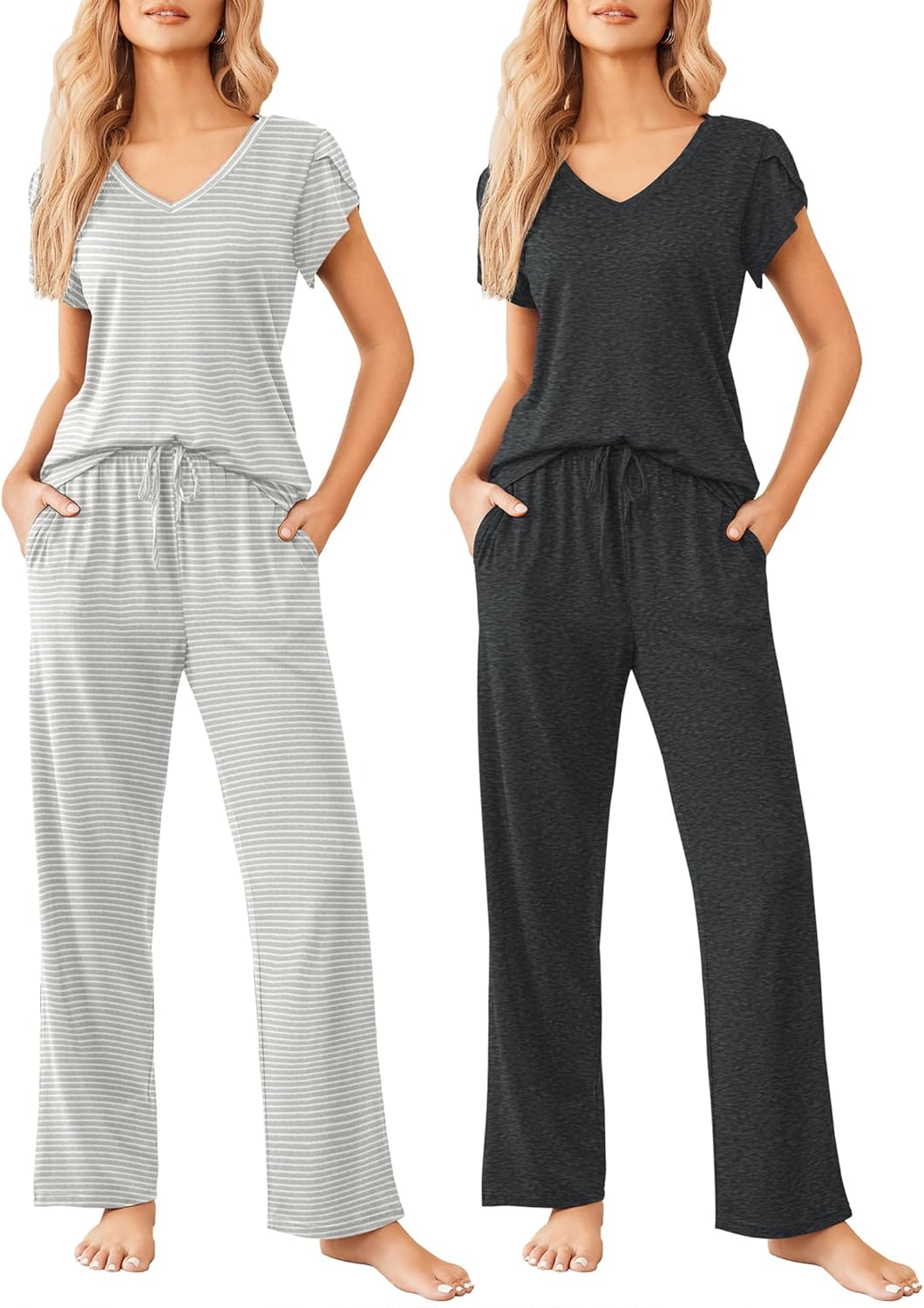 Ekouaer 2 Pack Womens Pajamas Short Sleeve Sleepwear Top with Pants Super-Soft P...