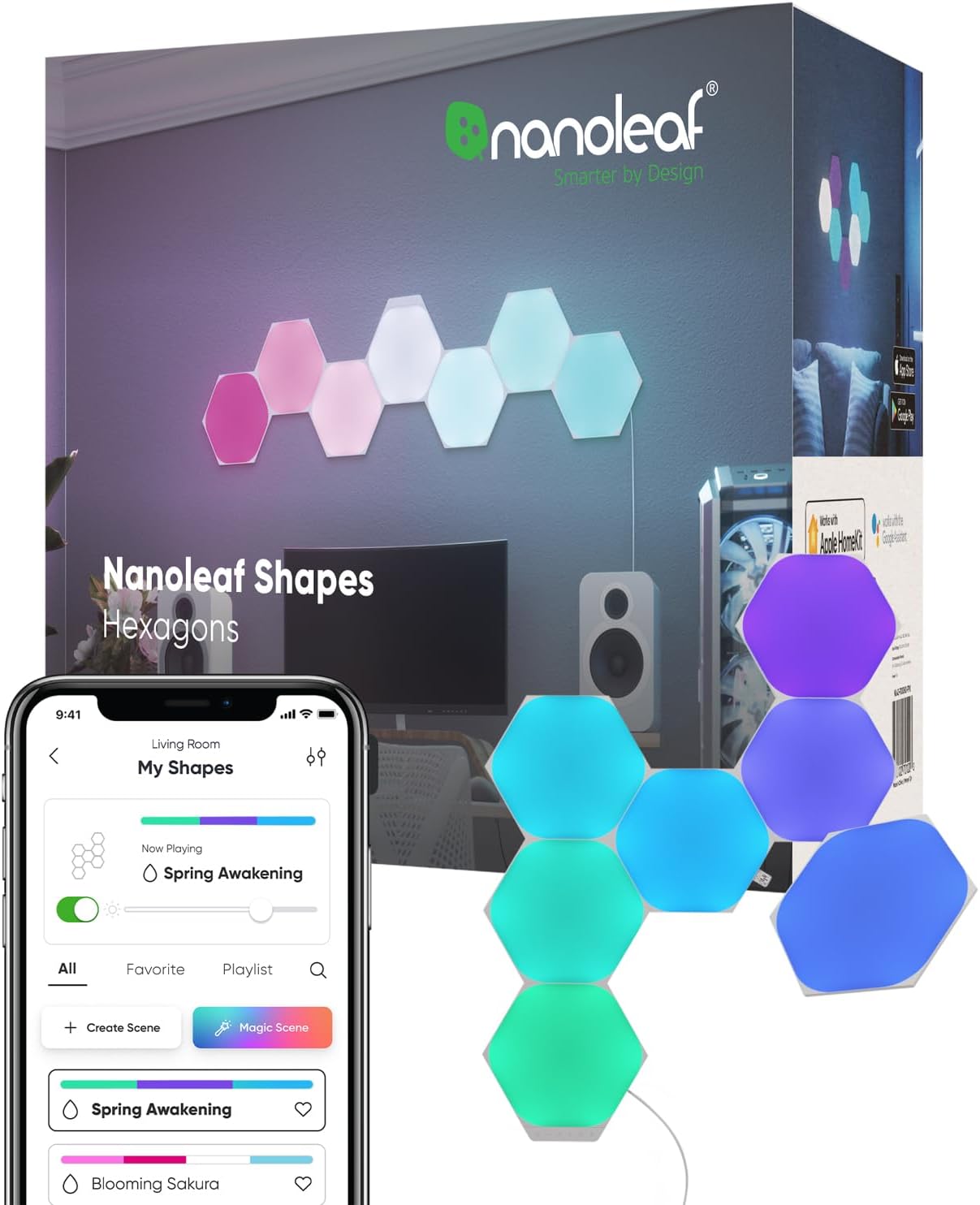 Nanoleaf Shapes WiFi and Thread Smart RGBW 16M+ Color LED Dimmable Gaming and Ho...