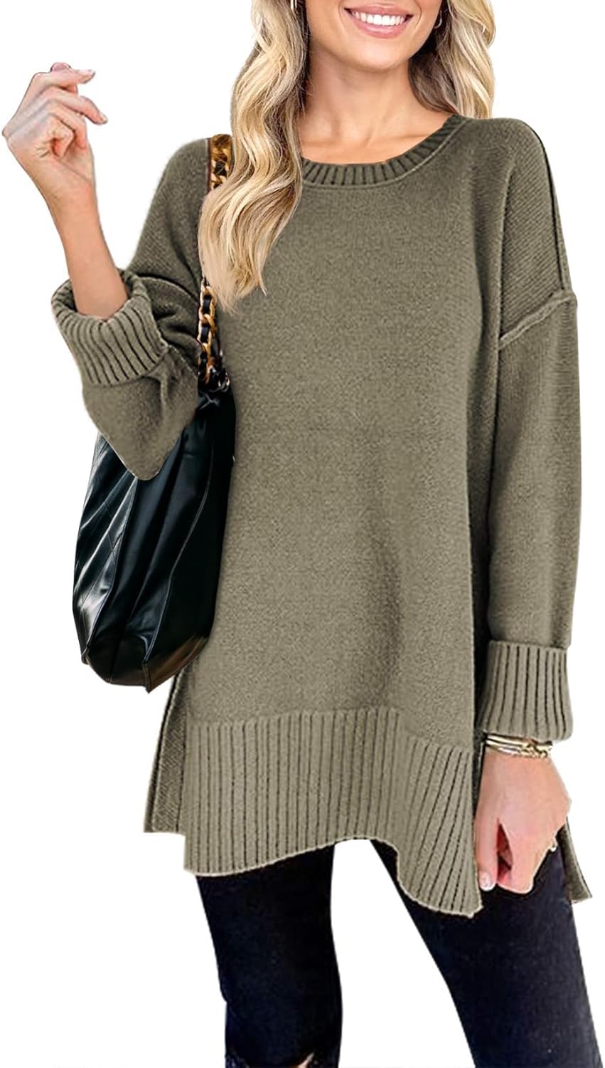 MEROKEETY Women's 2024 Fall Casual Crew Neck Side Split Pullover Sweater Loose L...