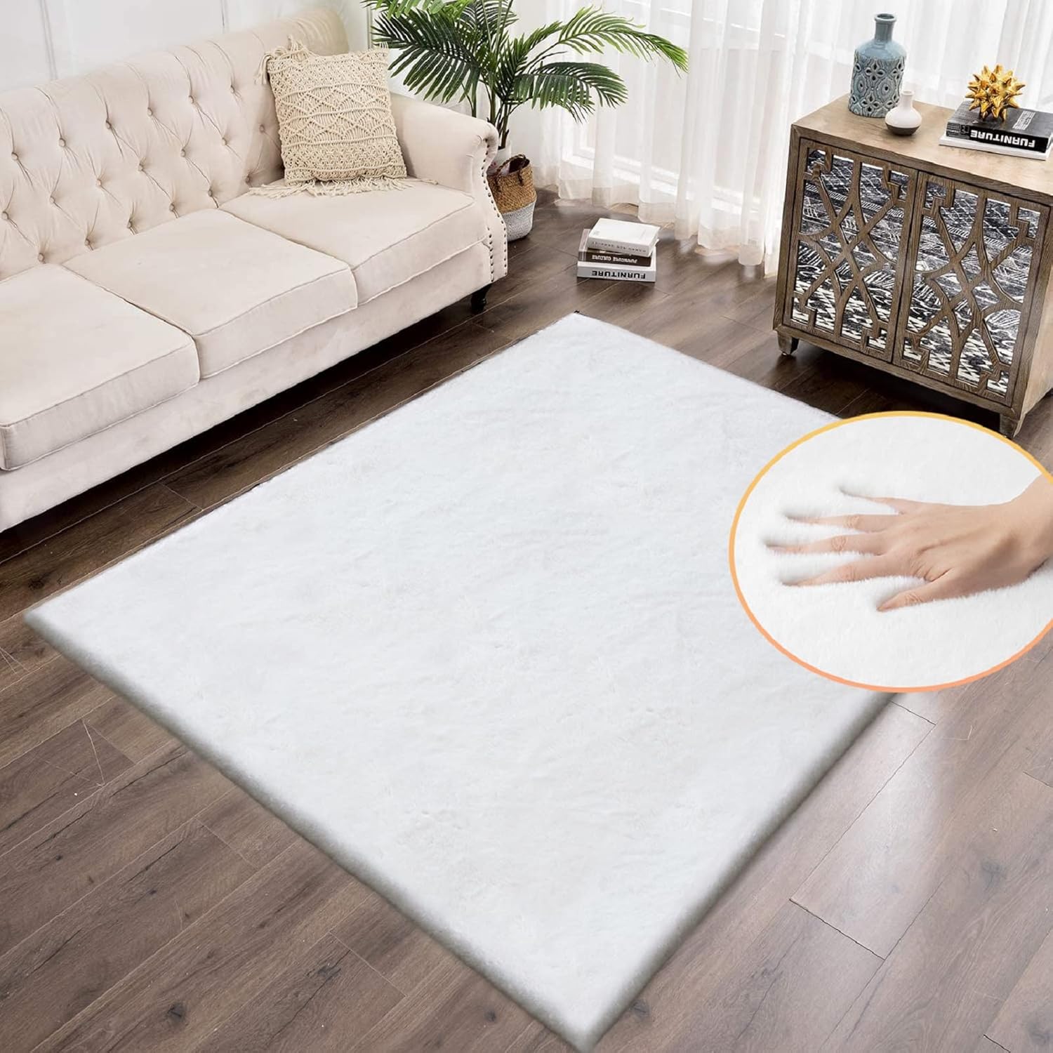 White Faux Fur Rug 5x8 Rugs for Living Room Shag Washable Area Rug Fuzzy Rugs fo...