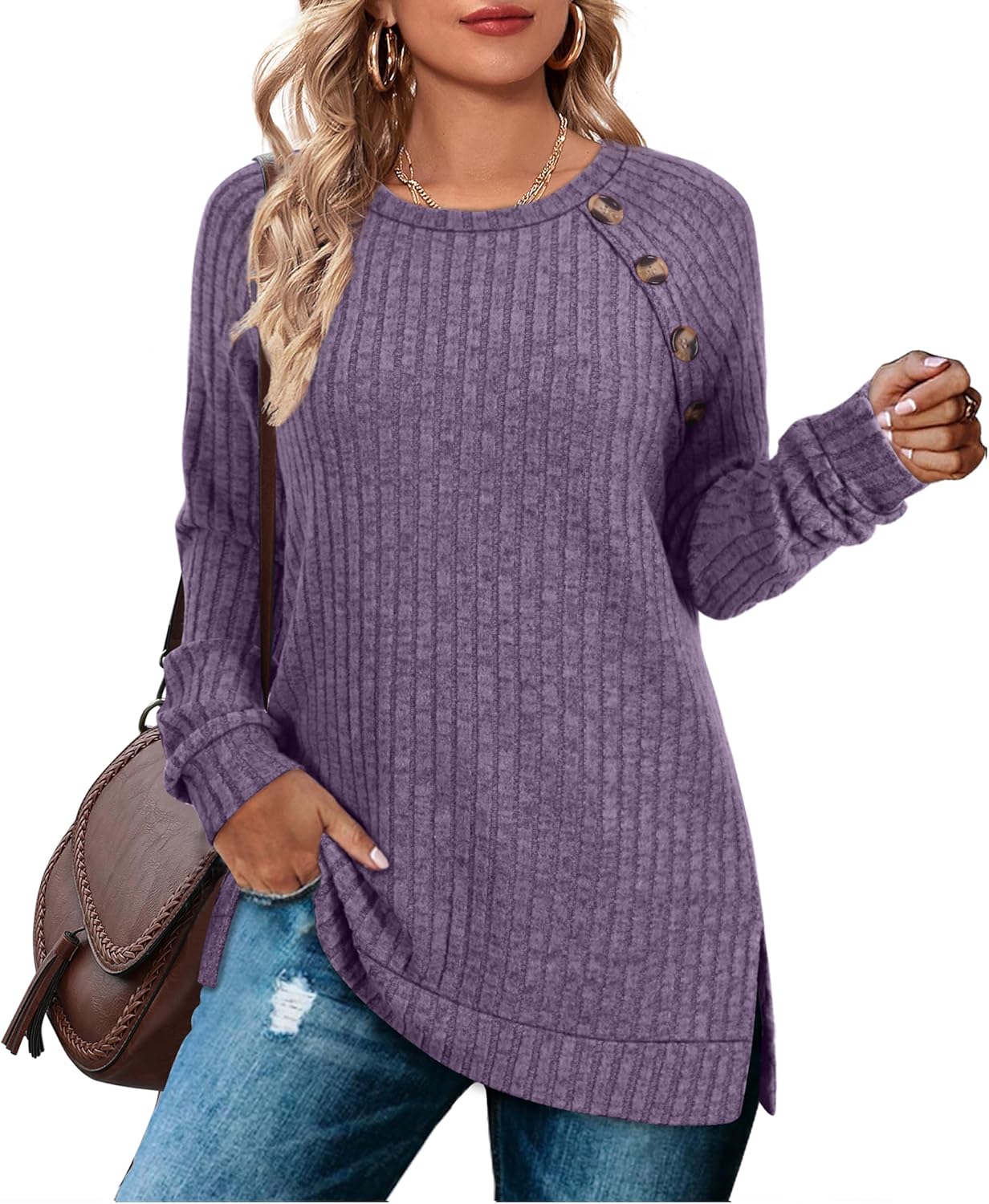 Aokosor Long Sleeve Tops Women Lightweight Jumpers Ladies Button Side Splits Tun...