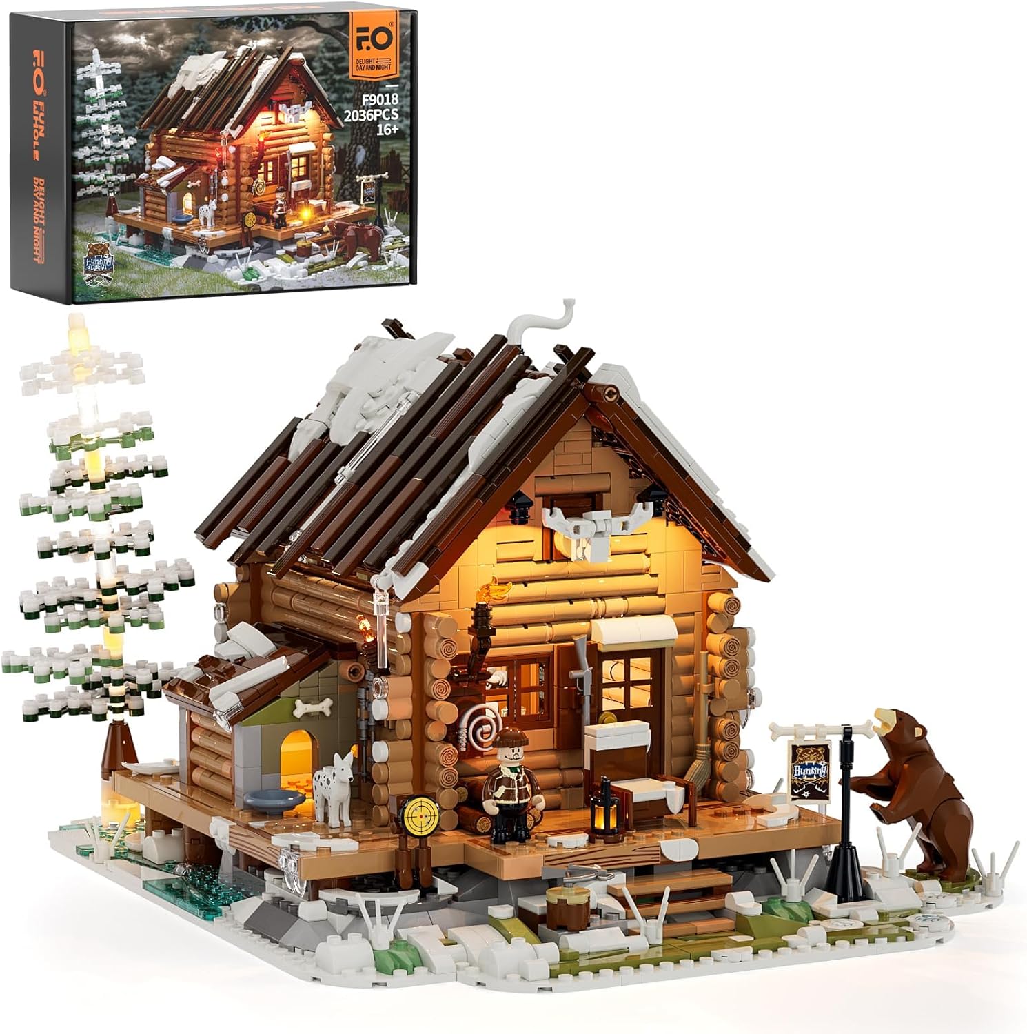 FUNWHOLE Hunting-Cabin Lighting Building-Bricks Set - Retro Wooden Cabin LED Lig...