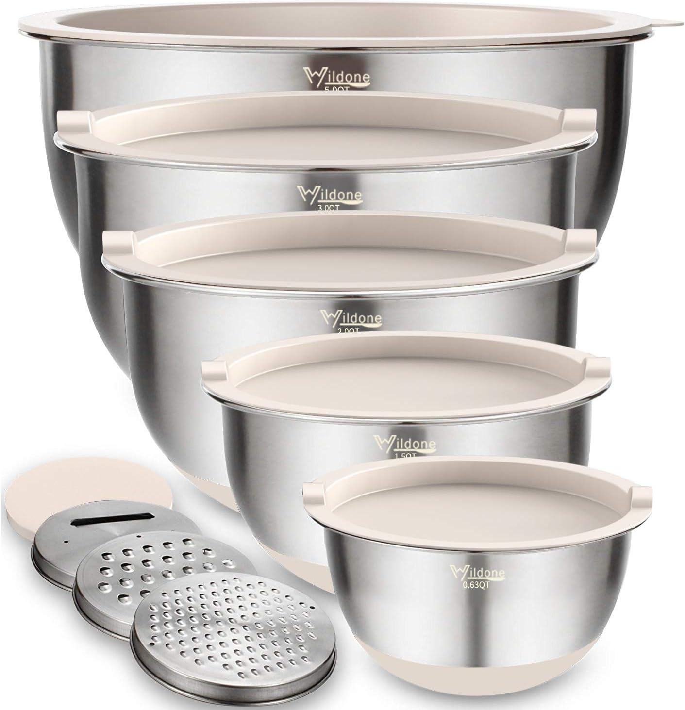 Wildone Mixing Bowls with Lids Set, 5PCS Stainless Steel Khaki Nesting Bowls wit...