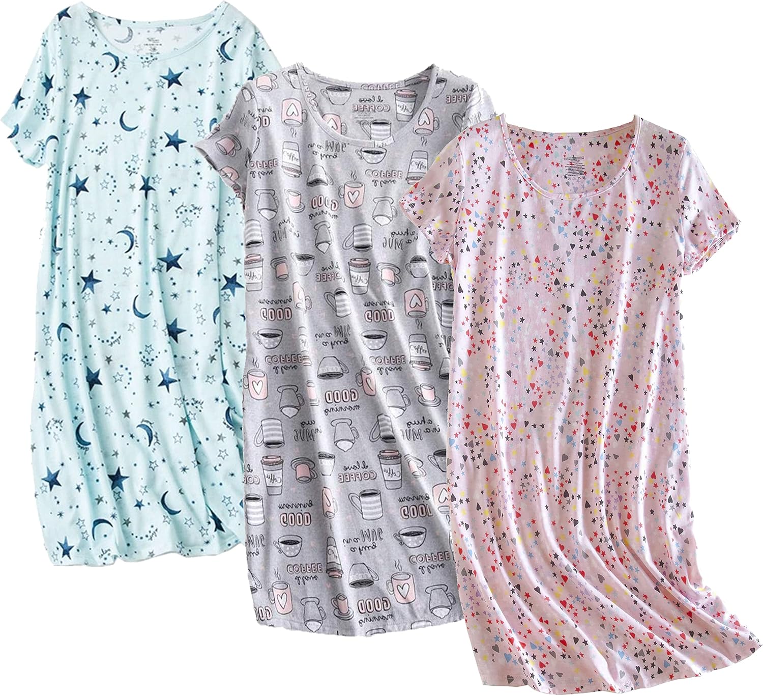 PNAEONG 3 Pack Women's Cotton Nightgown Sleepwear Short Sleeves Shirt Casual Pri...