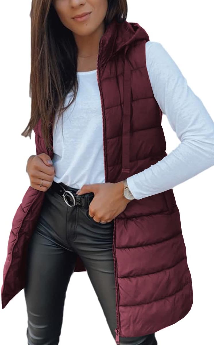Veatzaer Women Long Vest Solid Color Sleeveless Hood Winter Puffer Vest Outwear...