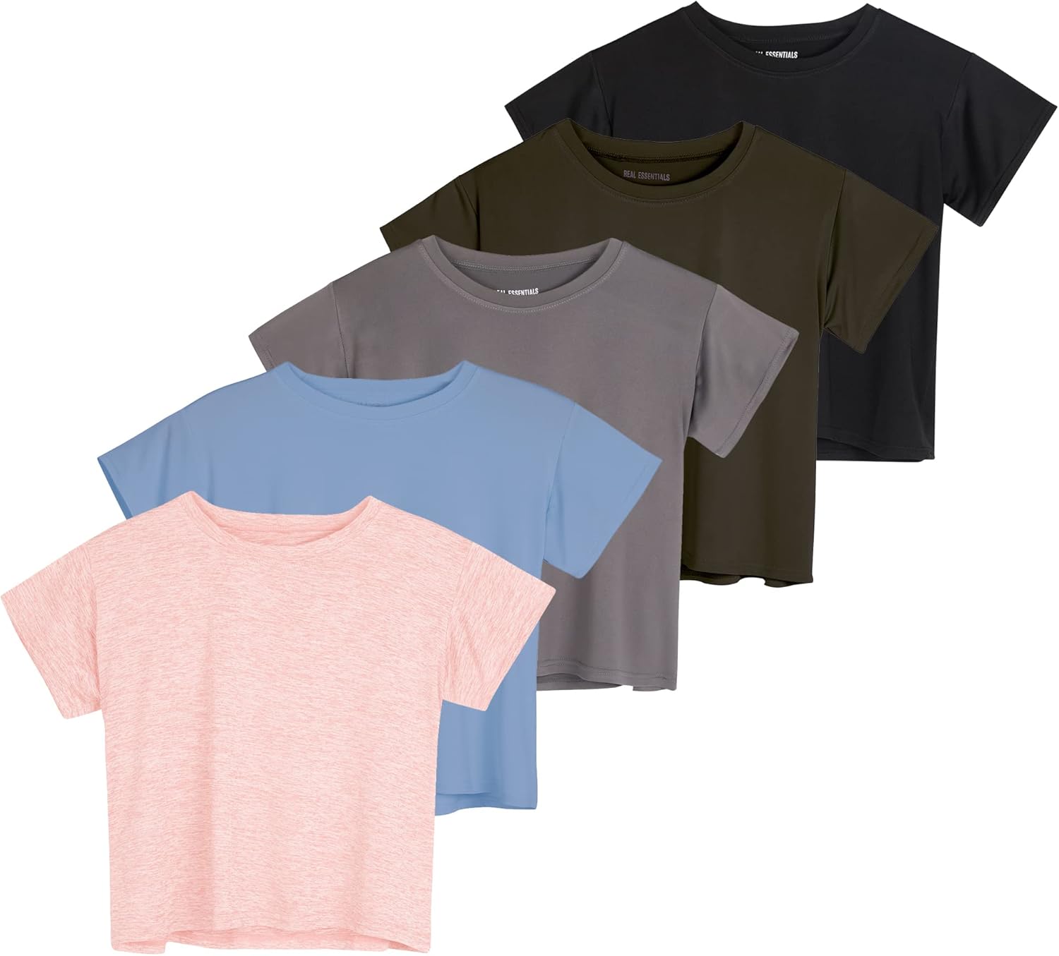 Real Essentials 5 Pack: Women's Dry Fit Crop Top - Short Sleeve Crew Neck Stretc...