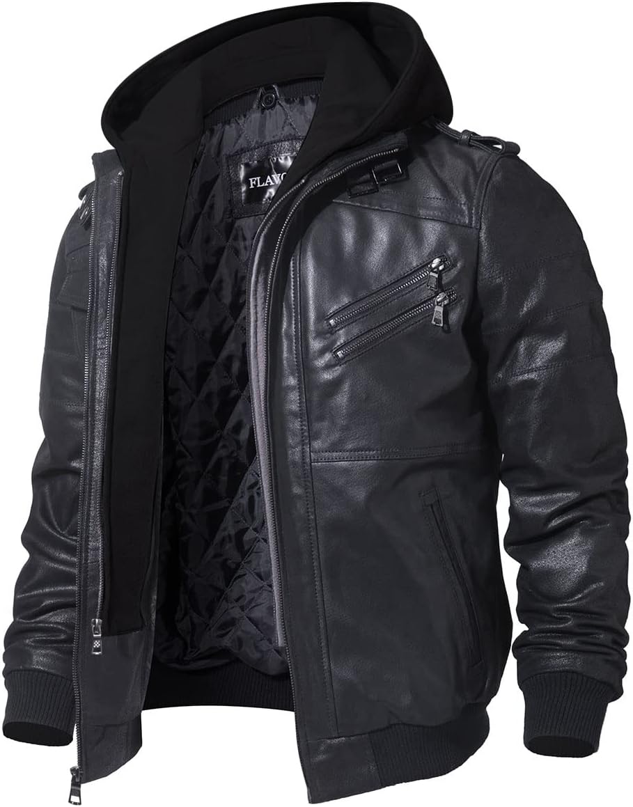 FLAVOR Men's Real Leather Jacket with Removable Hood Brown Genuine Leather L Bla...