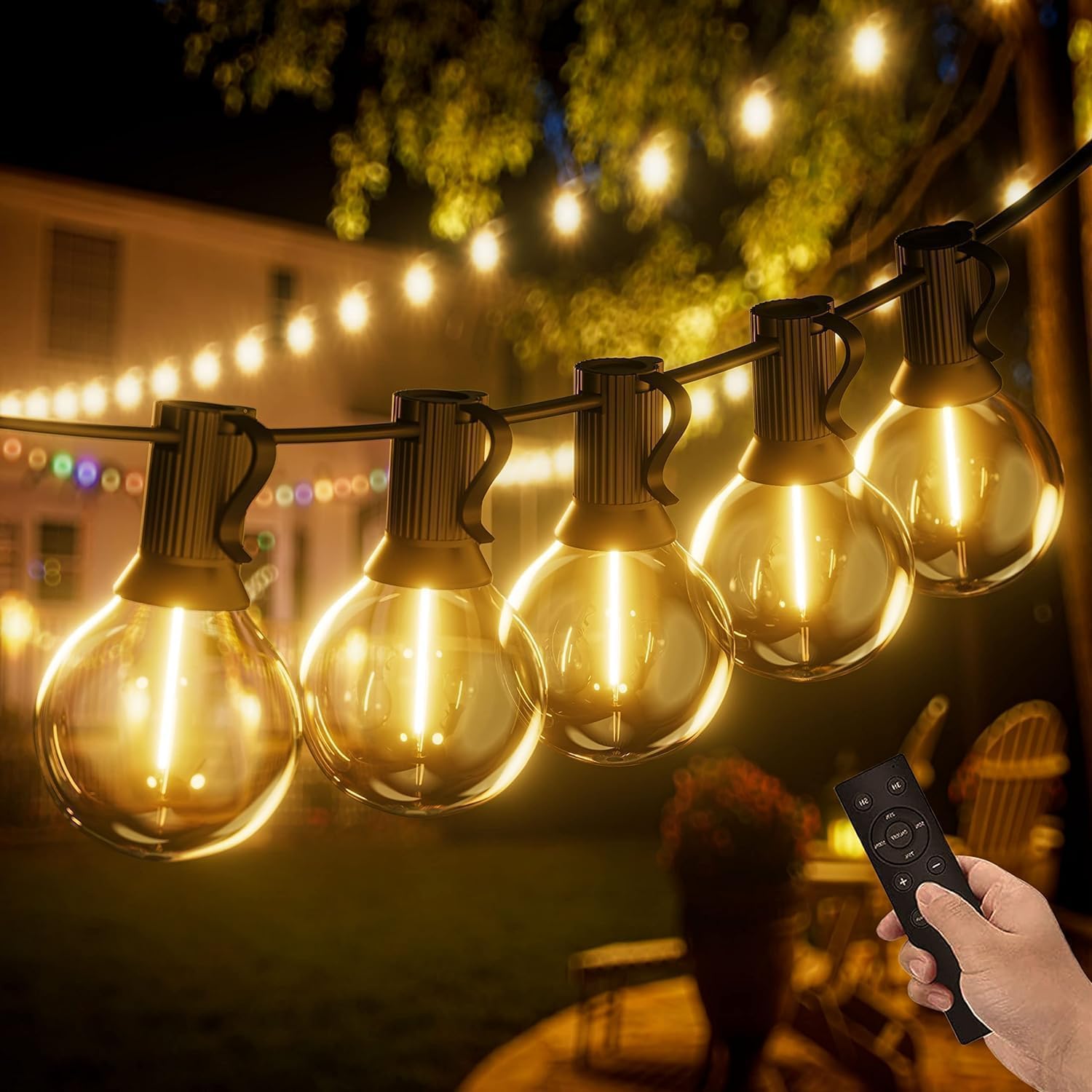 Yuucio 200FT Outdoor Dimmable String Lights Mains Powered Remote Control Festoon...