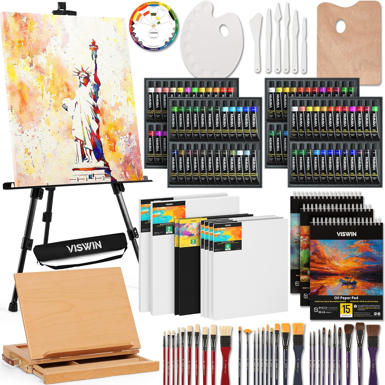 VISWIN All-in-One Art Painting Set with Aluminum & Beech Wood Easel, 96 Acrylic,...