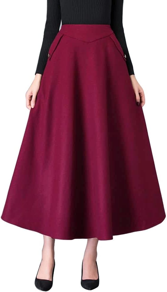 IDEALSANXUN Women’s Fall Winter High Waisted Wool Plaid A-line Long Skirt Medium...