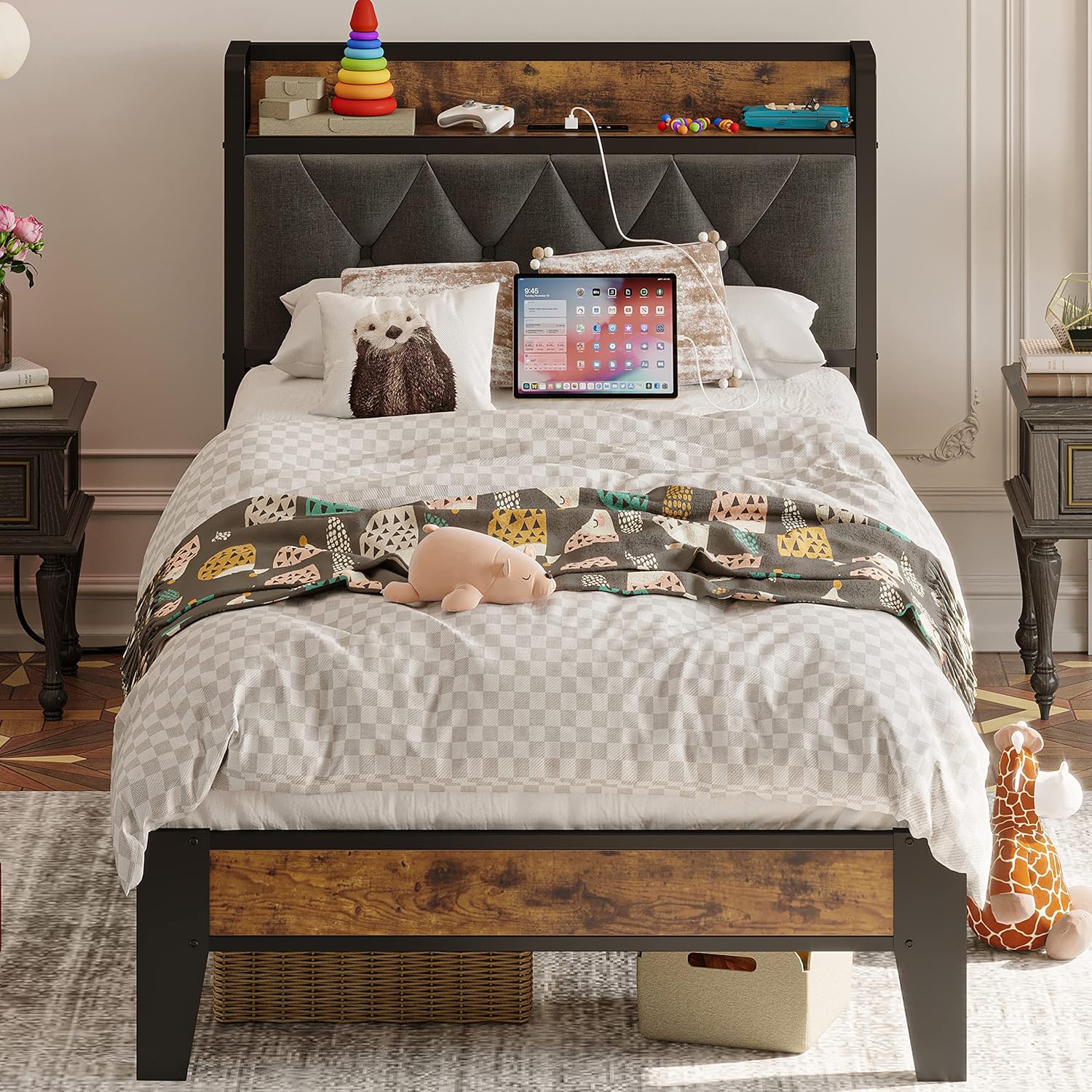 ANCTOR Twin Bed Frames, Storage Headboard with Outlets, Easy to Install, Sturdy...