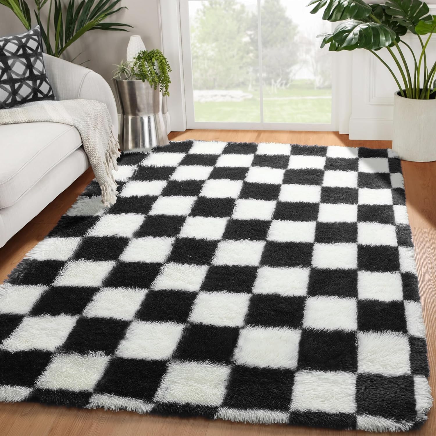 KICMOR Black and White Rug for Bedroom Living Room, 4x6 Fluffy Checkered Shag Ar...