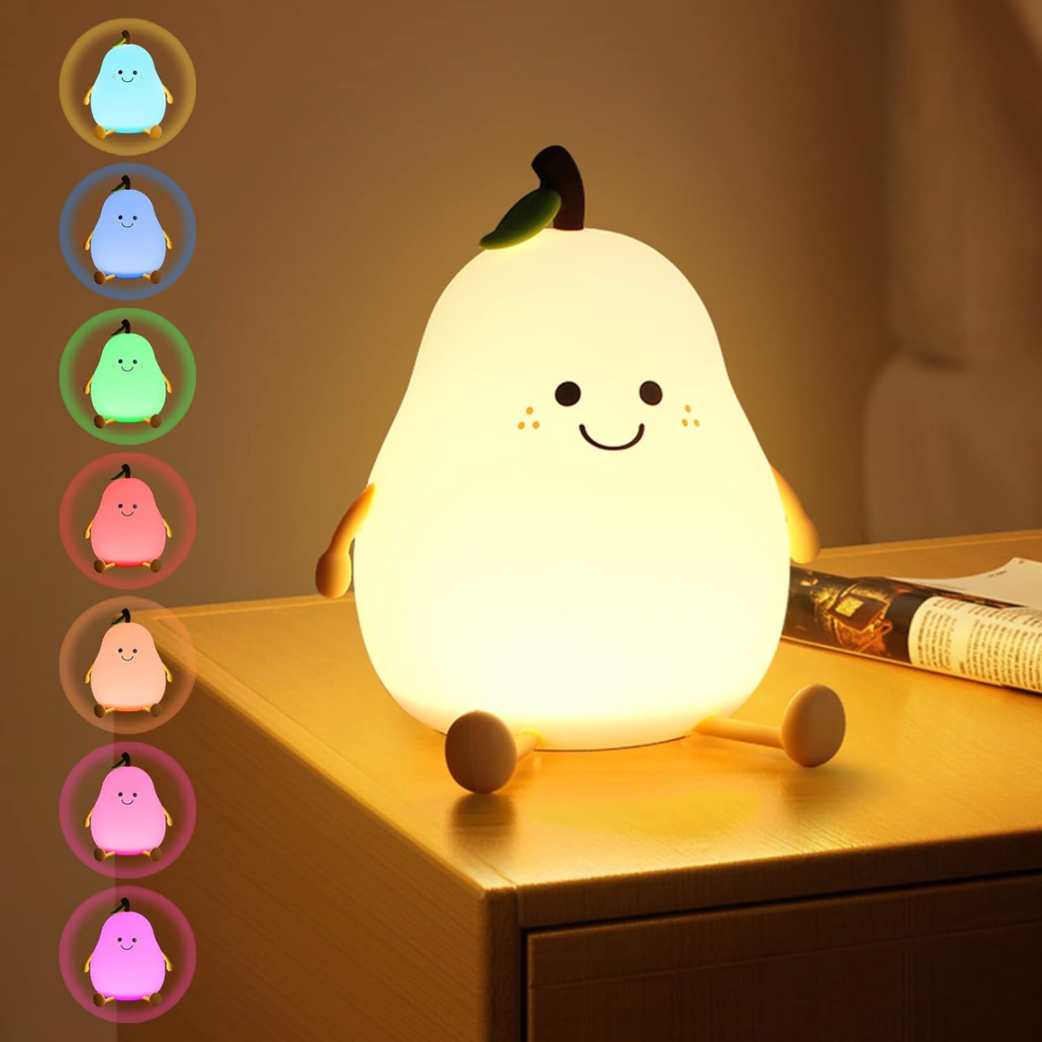 URAQT Cute Smile Pear Night Light, Portable LED Creativity Night Light with Touc...