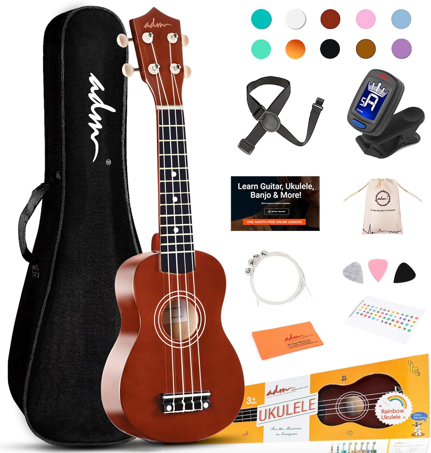 ADM Soprano Ukulele for Beginners 21 Inch Hawaiian Wood Ukelele Kit for Kids Adu...