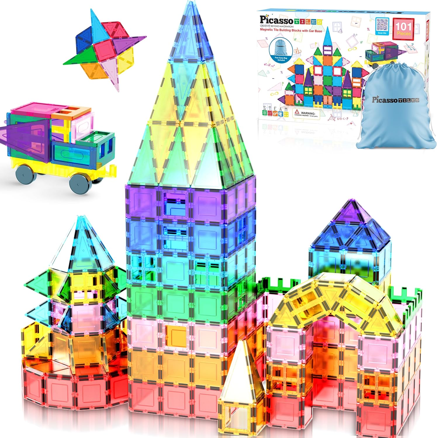 PicassoTiles 101pc Magnetic Tile Building Blocks with Car Base Drawstring Carry...