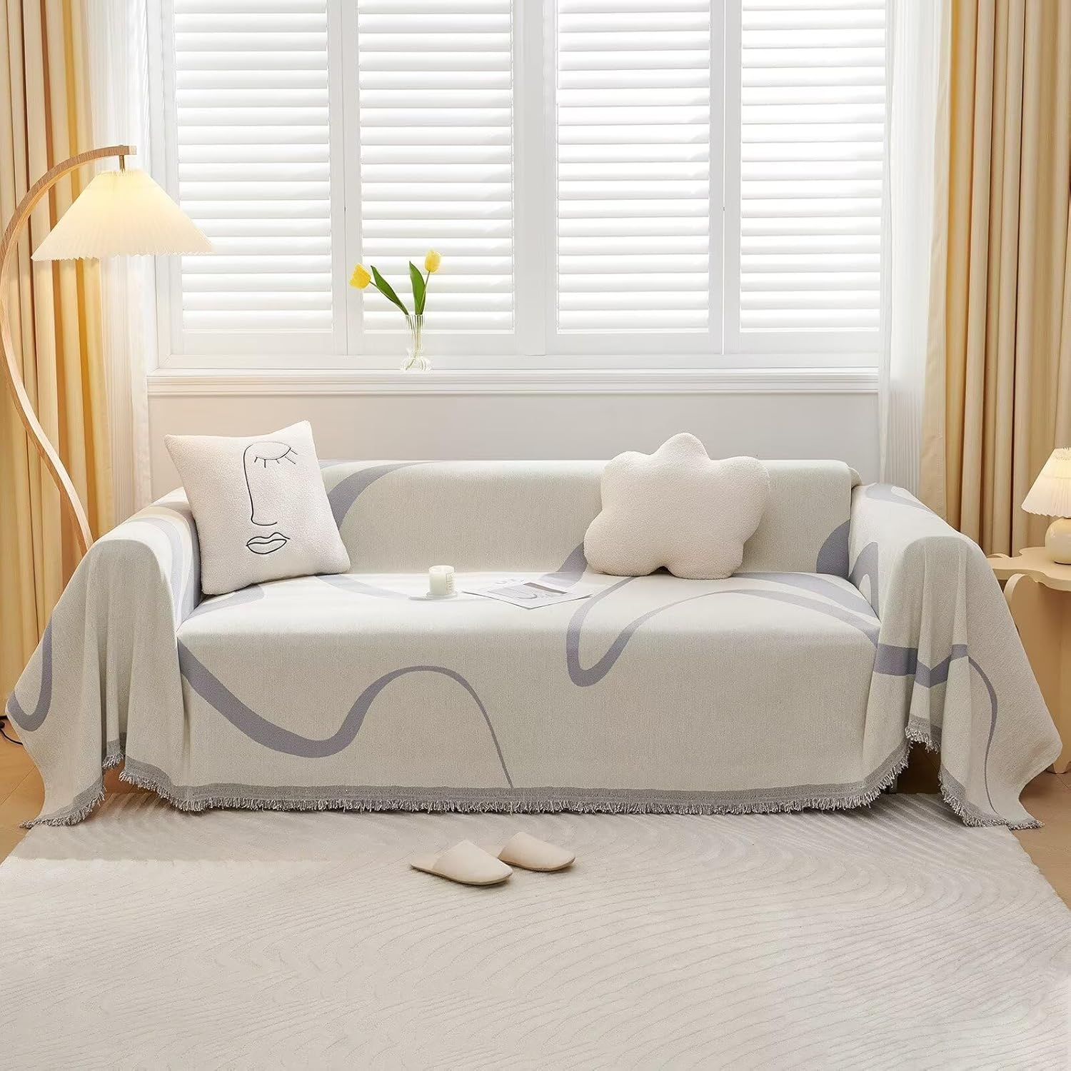 VClife Cozy Chenille Couch Cover 1 PC Modern Blue Beige Cream Stripe Geometric J...