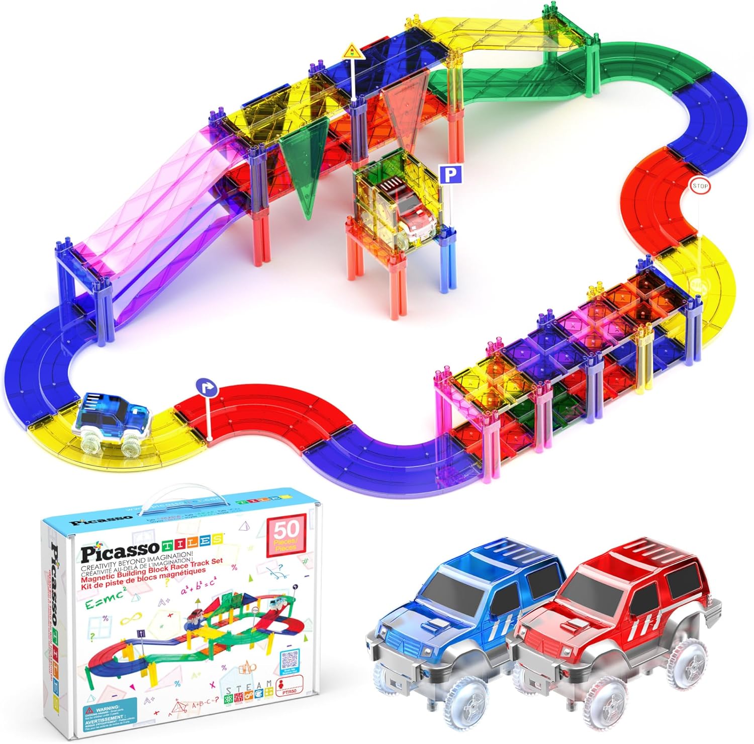 PicassoTiles 50 Piece Race Car Track Building Block Educational Toy Set Magnetic...