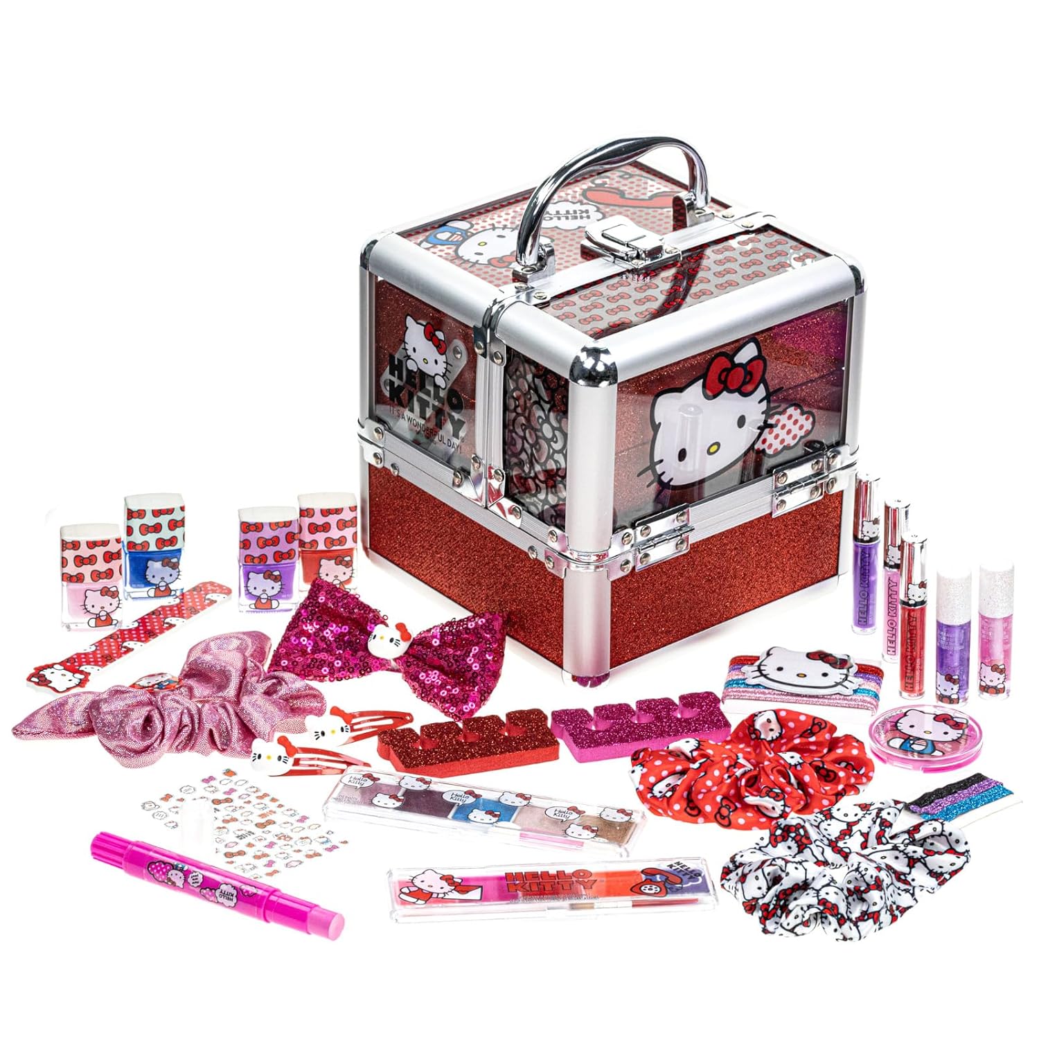 Hello Kitty - Townley Girl Train Case Cosmetic Makeup Set Includes Lip Gloss, Ey...