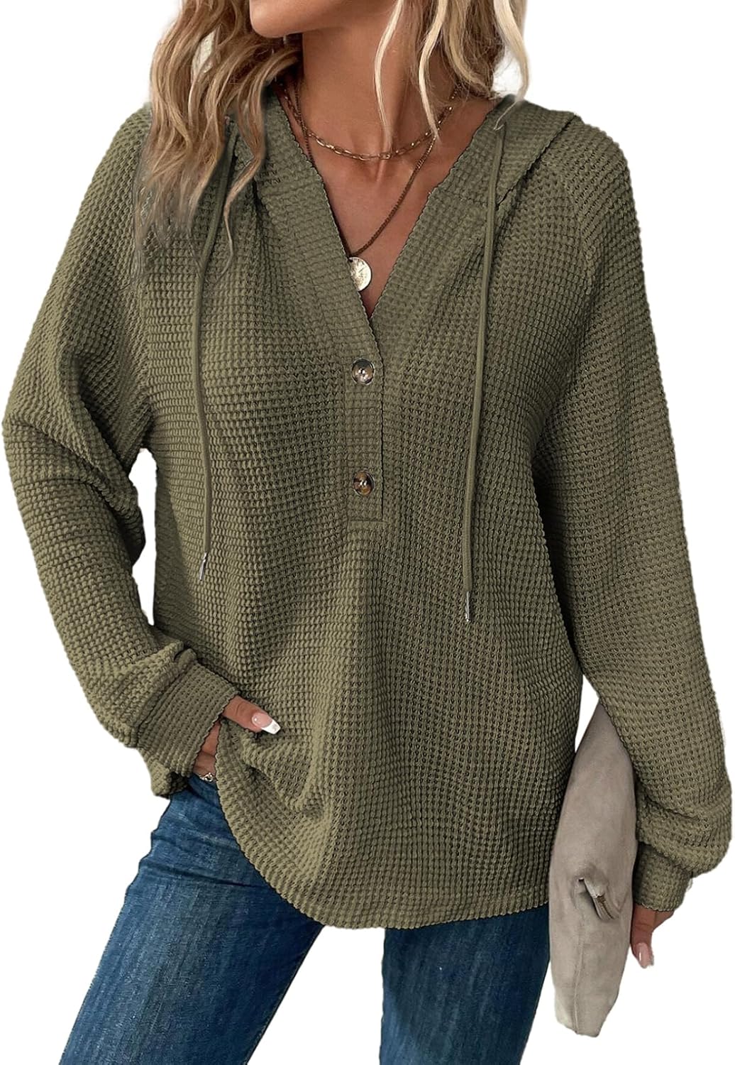 Dokotoo Hoodies for Women Waffle Knit Long Sleeve Drawstring Button V Neck Casua...