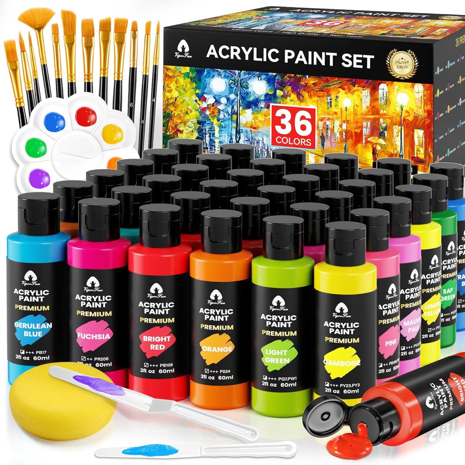 52 PCS Acrylic Paint Set with 12 Brushes, 2 Knives and Palette, 36 Colors (2oz/6...