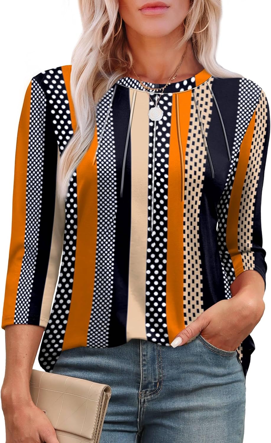 XIEERDUO 3/4 Length Sleeve Womens Tops Round Neck Casual Tunic Tops Basic Pleate...