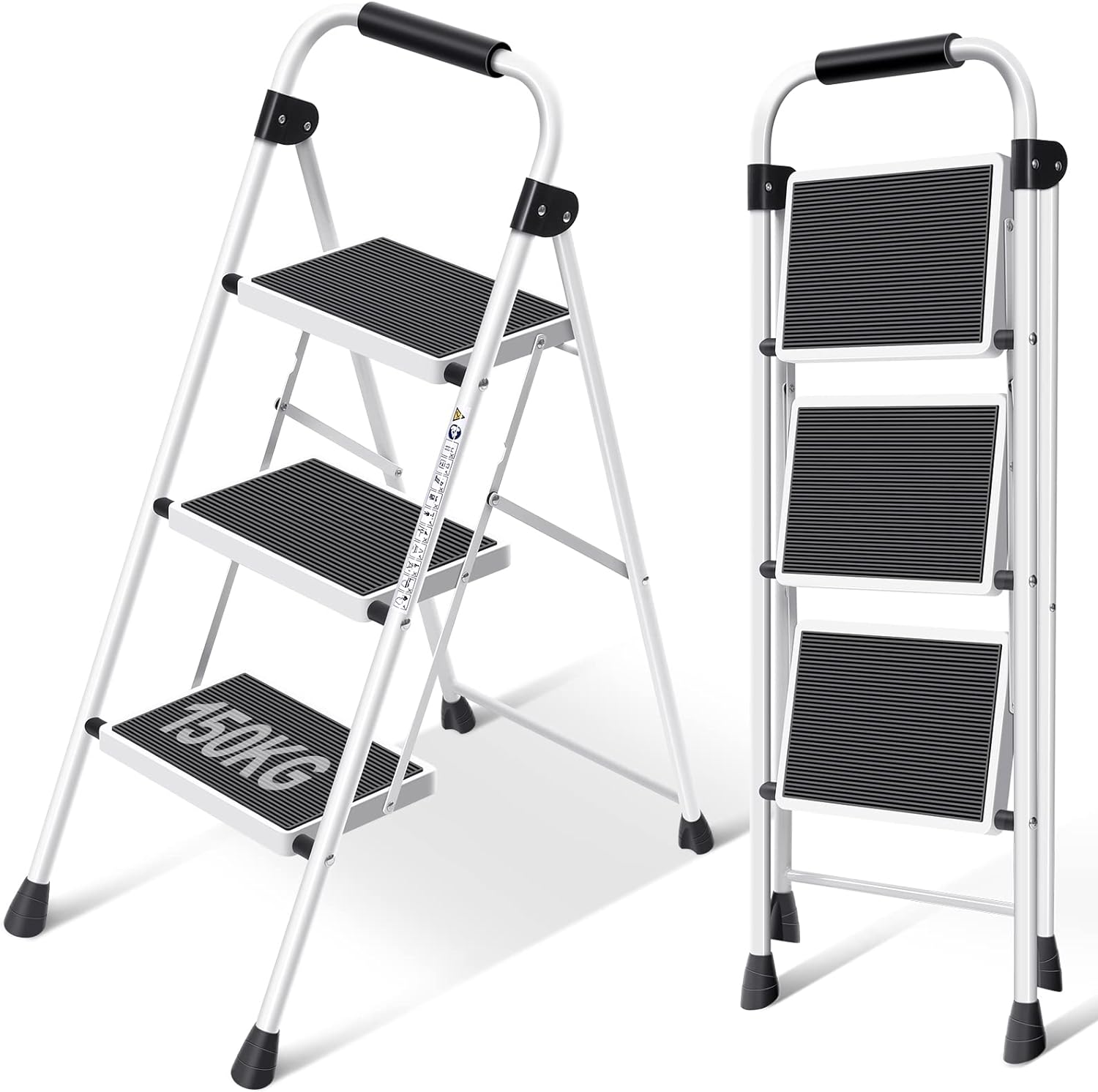 KINGRACK 3 Step Ladder, Folding Ladder with Non-Slip and Wide Pedal, Small Ladde...