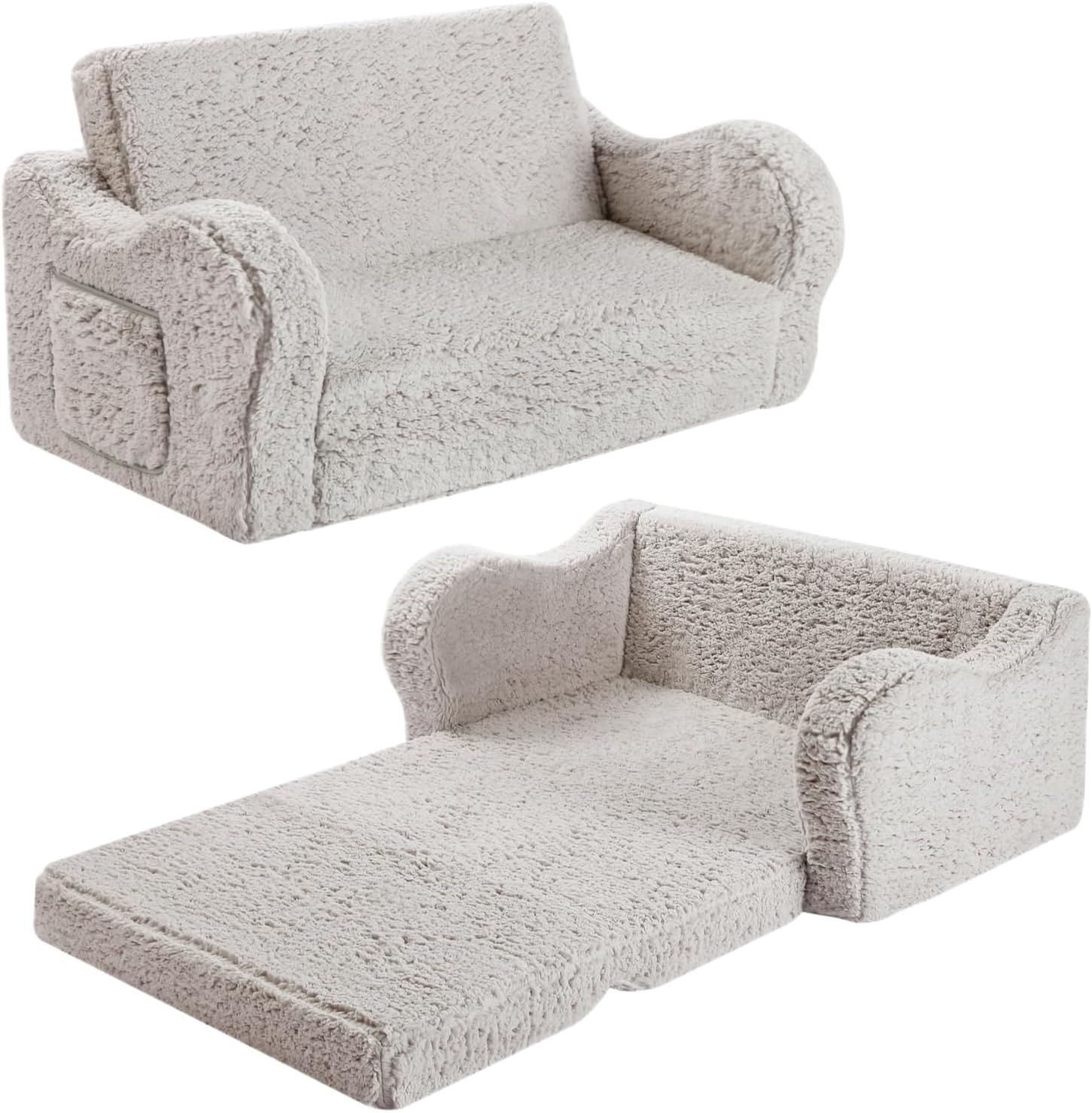 Kids Extra Wide Chairs for Toddler, 2-in-1 Toddler Soft Sherpa Couch Fold Out, C...