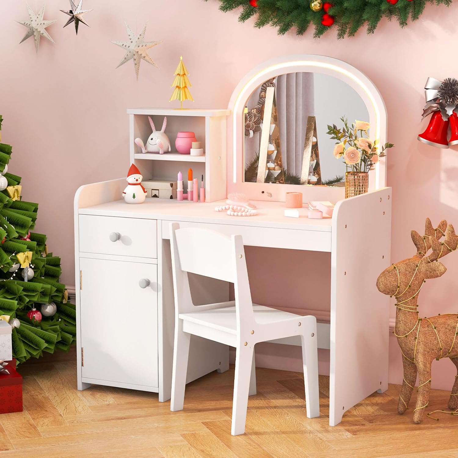 INFANS Kids Vanity, Princess Makeup Desk and Chair Set with Lights Mirror Drawer...