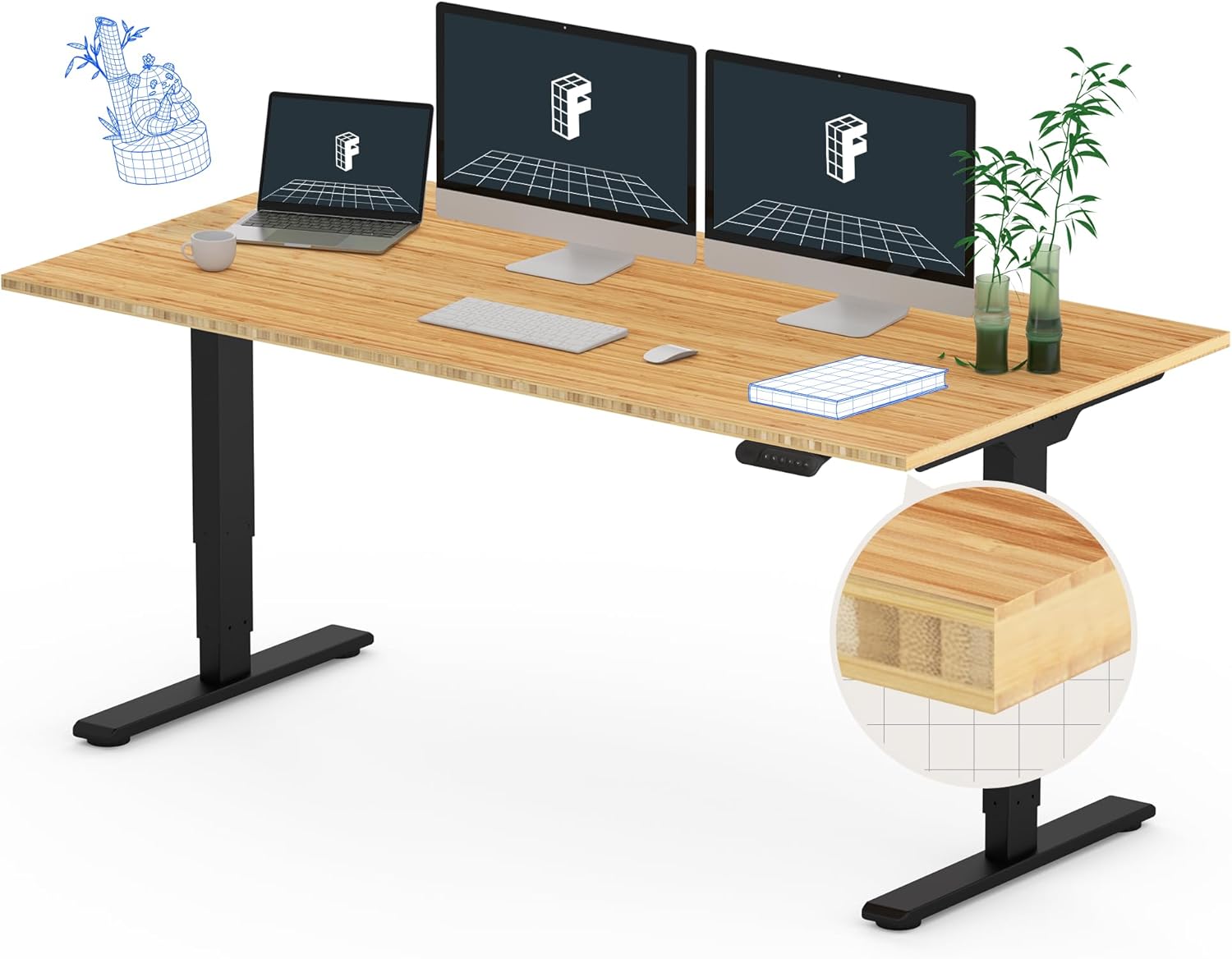 FLEXISPOT Pro Bamboo 3 Stages Dual Motor 60x30 Inch Electric Height Adjustable S...