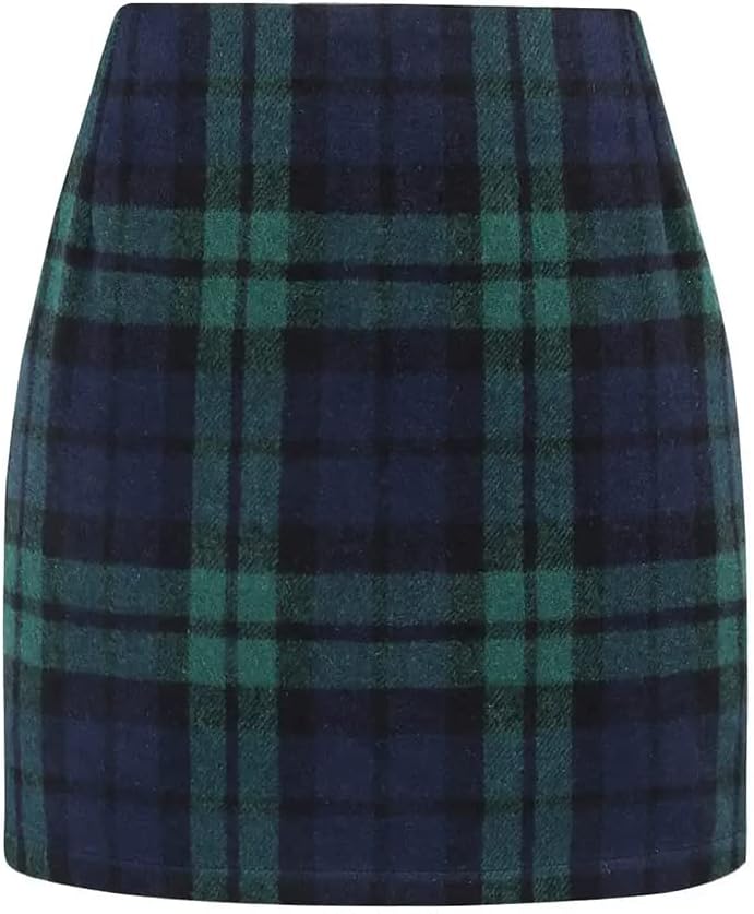 Kinghua Womens Wool Plaid Mini Skirt Fall Winter High Waisted Bodycon Pencil Ski...