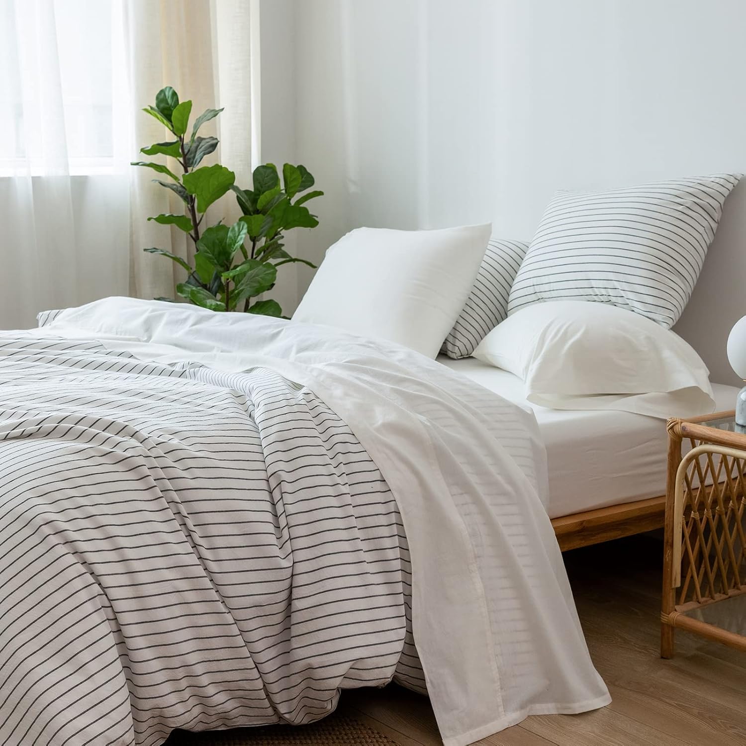 MooMee Bedding Sheet Set 100% Washed Cotton Linen Like Textured Breathable Durab...