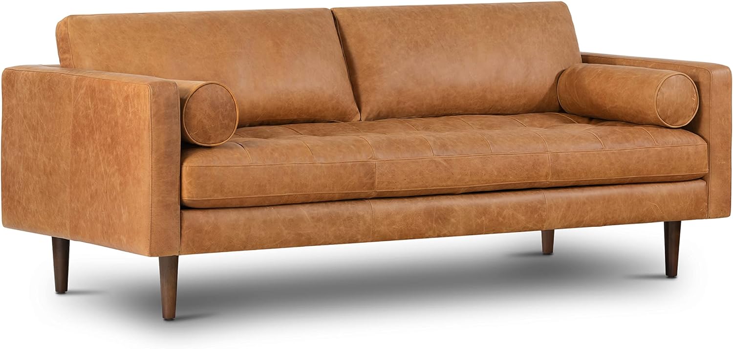 POLY & BARK Cognac Tan Brown Leather Couch - 88.5" Mid Century Leather Sofa with...