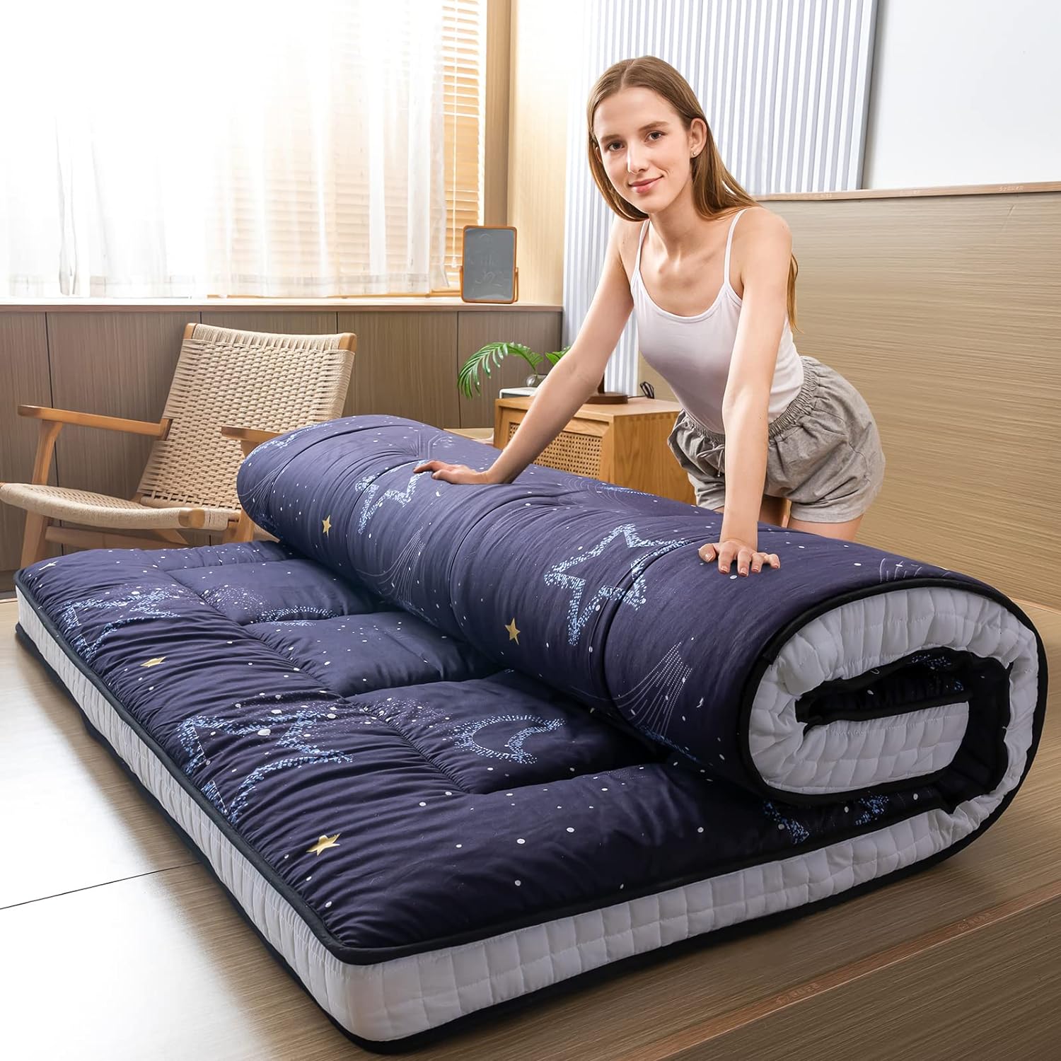 MAXYOYO Black Moon and Star Futon Mattress, Padded Japanese Floor Mattress Quilt...