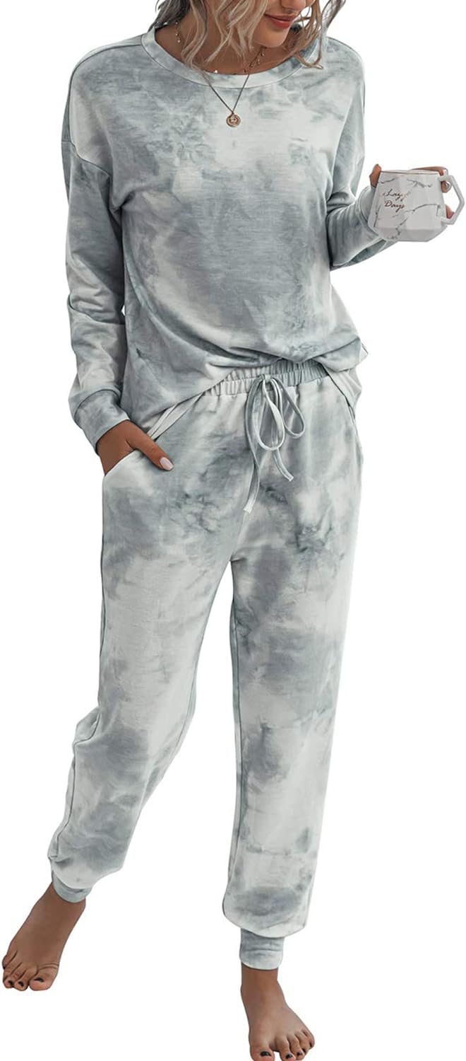 PRETTYGARDEN Women's Tie Dye Two Piece Pajamas Set Casual Long Sleeve Sweatshirt...