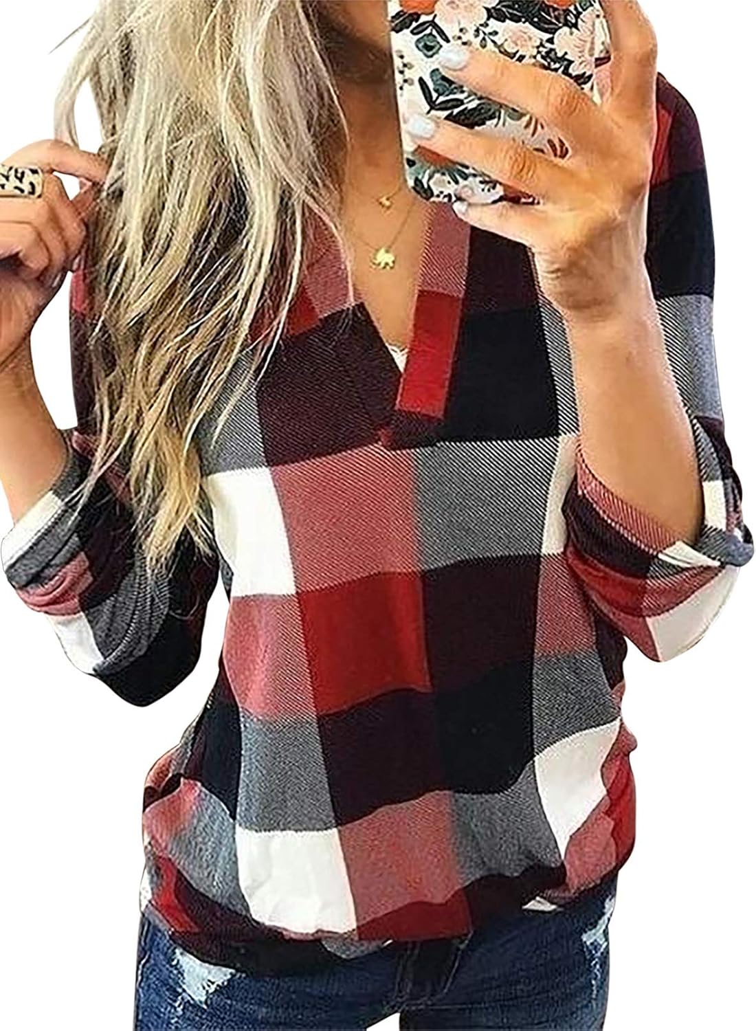 Dokotoo Womens Basic Casual V Neck Plaid Print Cotton Cuffed Long Sleeve Work To...