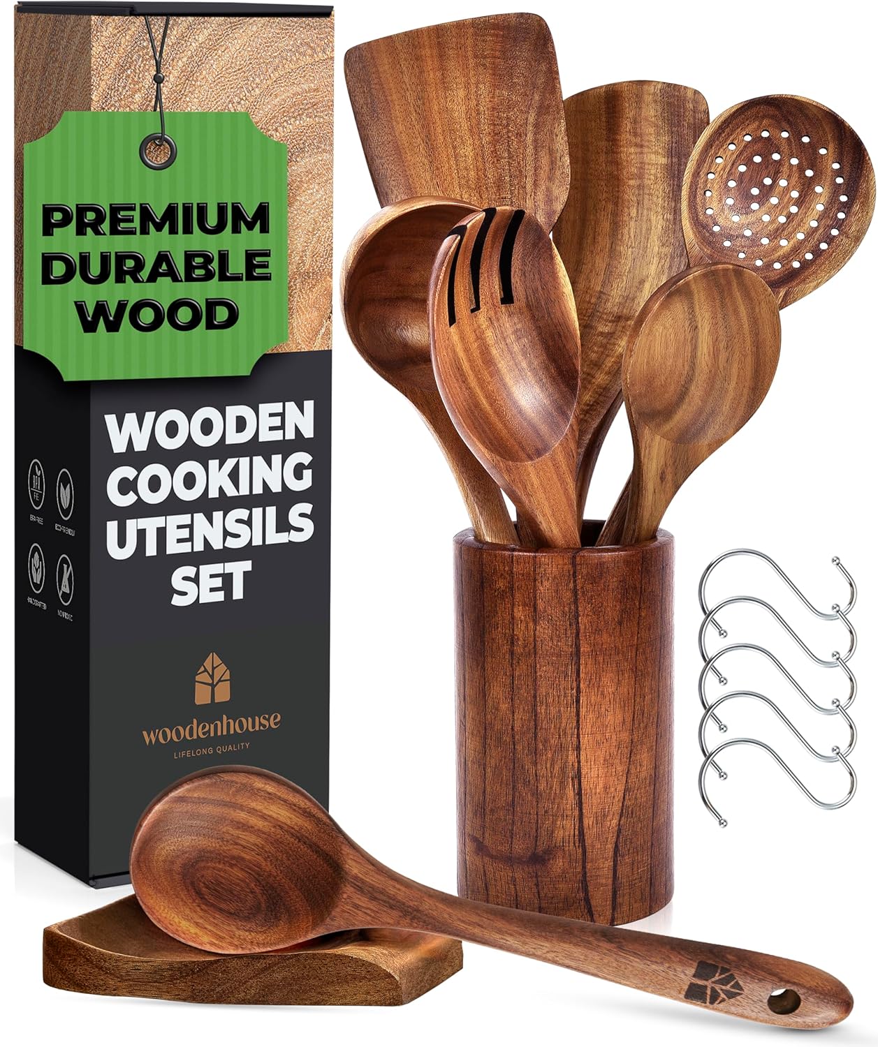Wooden Spoons for Cooking – Wooden Utensils for Cooking Set with Holder, Spoon R...