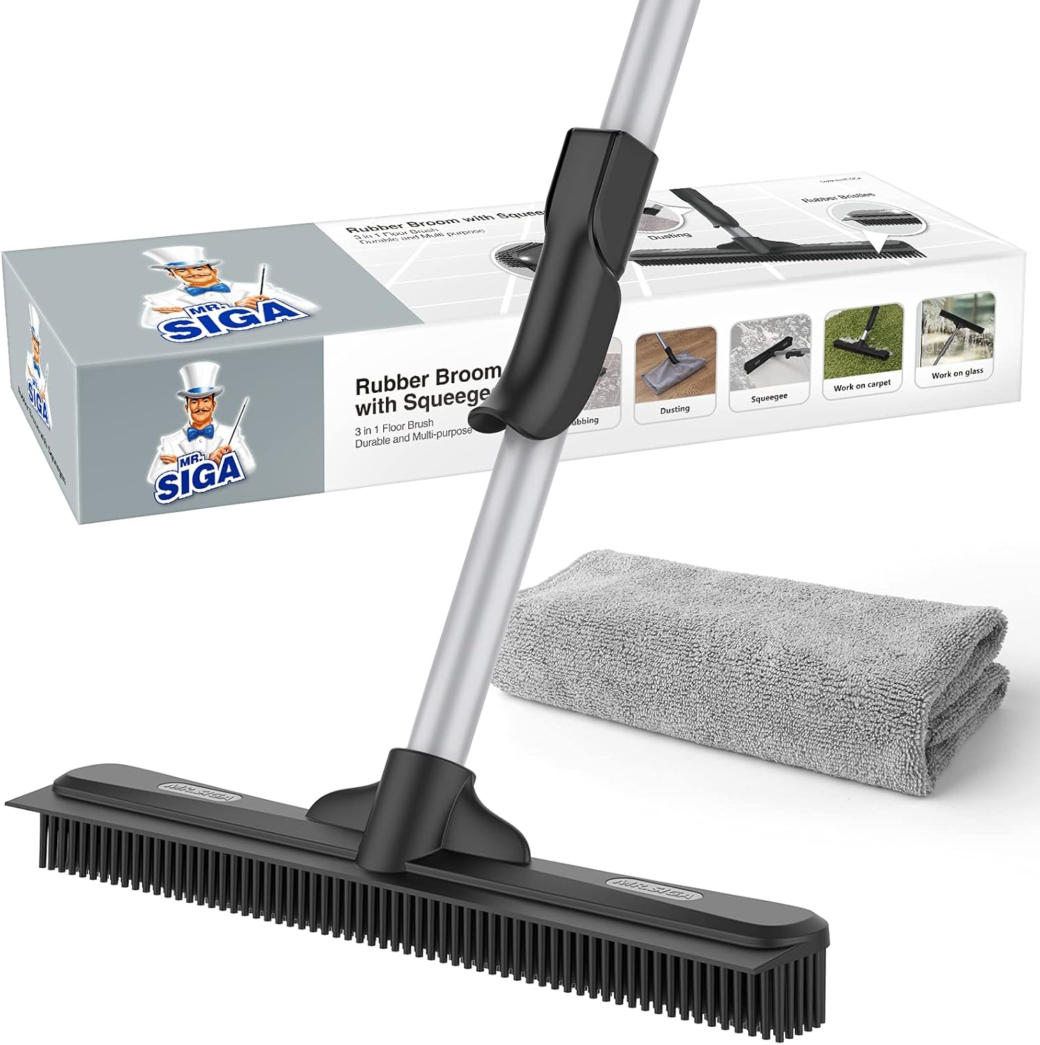 MR.SIGA Pet Hair Removal Rubber Broom with Built in Squeegee, 3 in 1 Floor Brush...