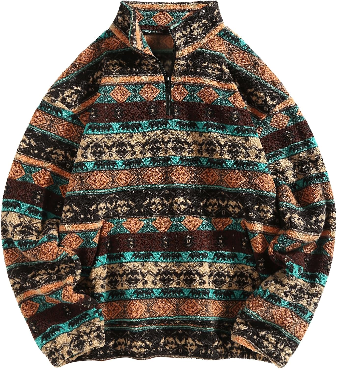 ZAFUL Mens 1/4 Zipper Fleece Sherpa Pullover Sweatshirt Ethnic Aztec Printed Kan...