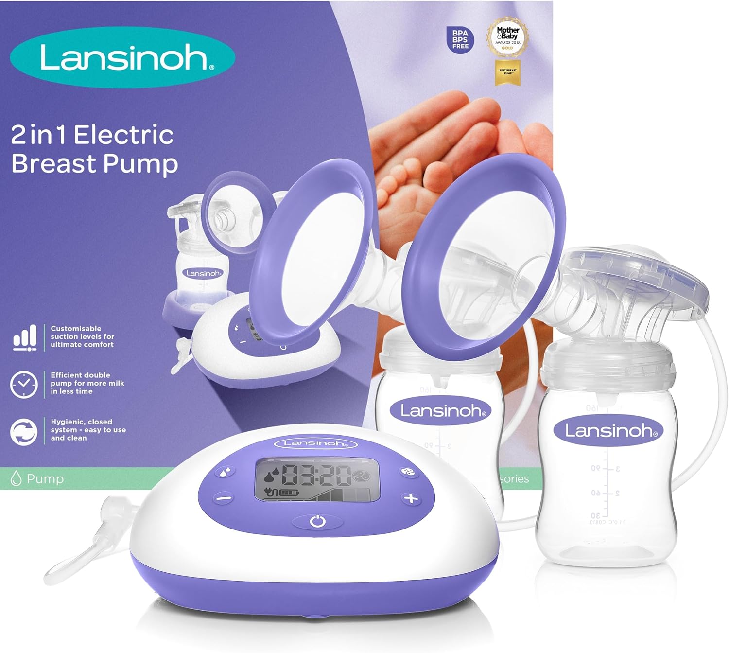 Lansinoh - 2-in-1 Double Electric Breast Pump - Mains or Battery Operated
