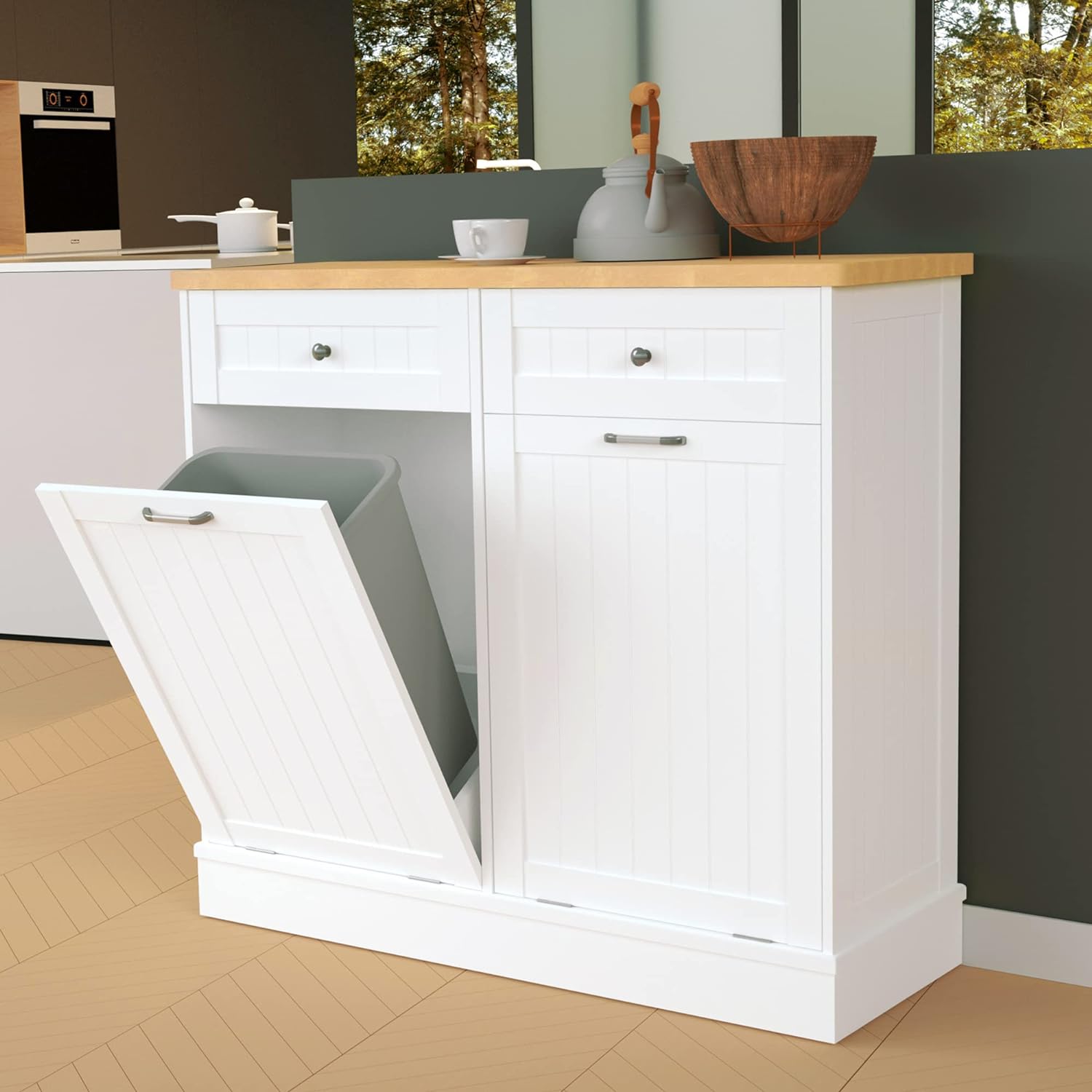Tilt Out Trash Cabinet 10 Gallon Wooden Free Standing Laundry Sorter Cabinet,Rec...