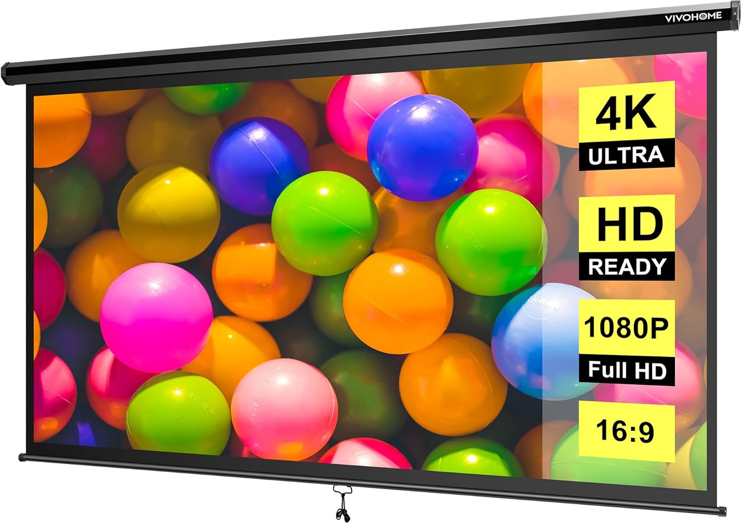 VIVOHOME Projector Screen Pull Down, 16:9 100 Inch Retractable Projection Screen...