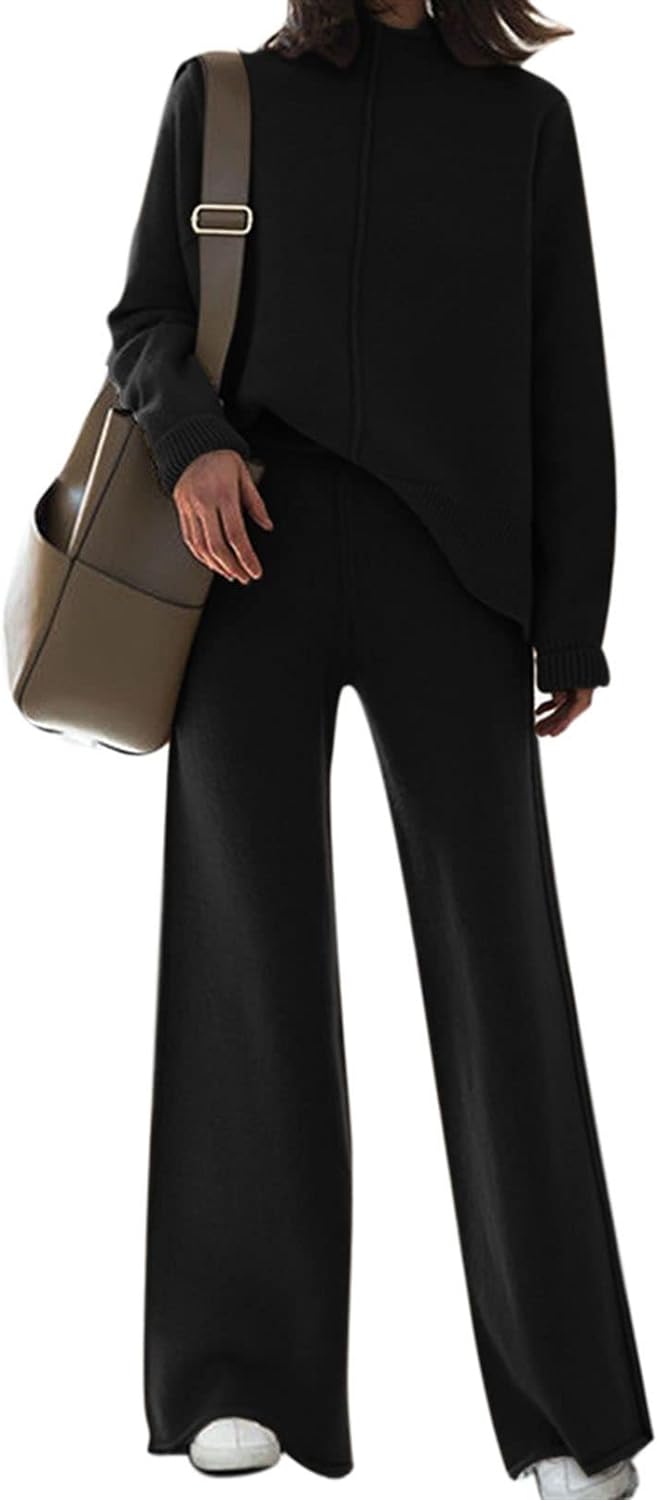 Fixmatti Women Knit Sweatsuit Turtleneck Sweater Top and Wide Leg Pant 2 Piece O...
